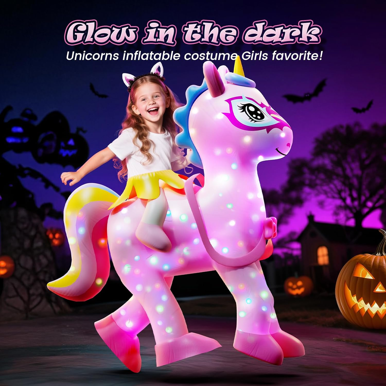Skirfy Inflatable Unicorns Costume for Kids Riding on Unicorns Blows up Costumes for Girls 6-8 8-10 Funny Halloween Parties Cosplay Dress Easter,Thanksgiving Cosplay Events Party image number 4