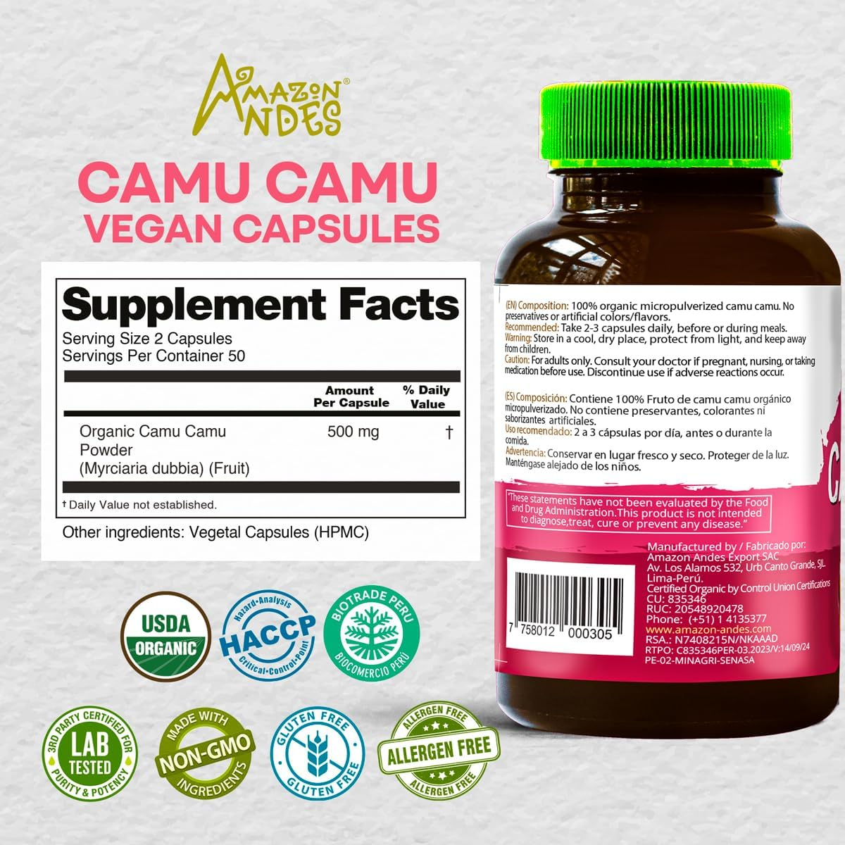 Amazon Andes Premium Camu Camu Capsules &ndash; 500 Mg, Non-Gmo, Natural Vitamin C from Amazonian Superfruit, Plant-Based, Vegan, 60 Capsules