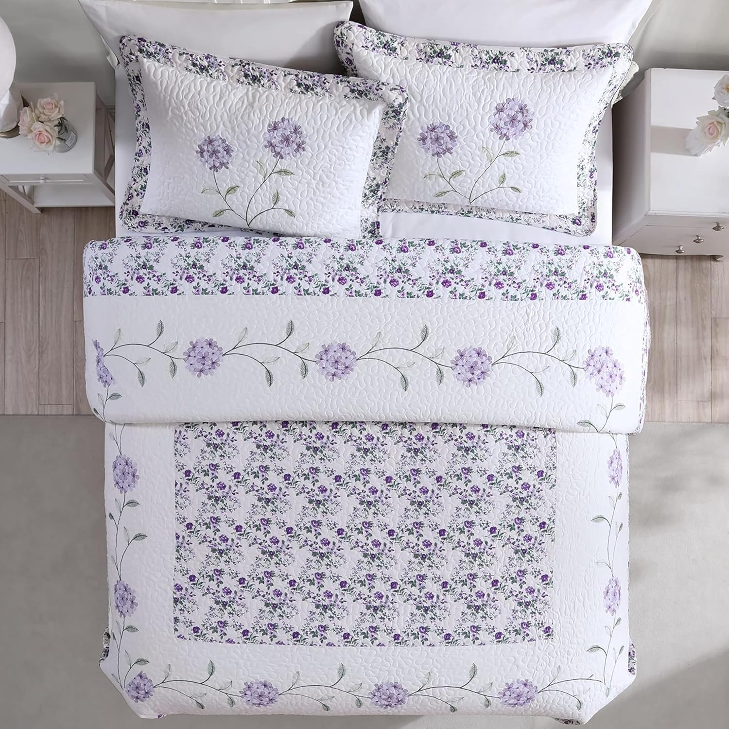 Beatrice Home Fashions Carnation Floral Embroidered Quilted Bedspread, Lightweight, All-Seasons, Full, Lavender image number 4