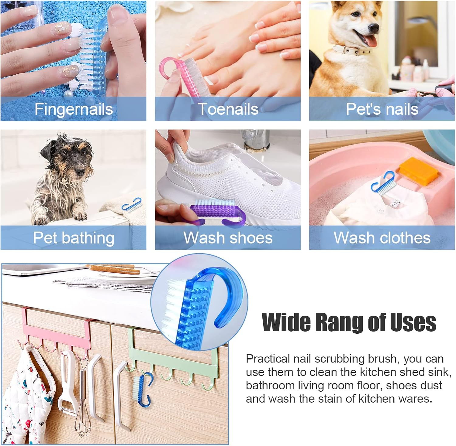 Hanyousheng Nail Brush, Pack of 5 Nail Brushes, Hand Wash Brush, Dust Remover Brush with Handle, for Cleaning Beauty Hand and Nail Cleaning (3 Colours) image number 2