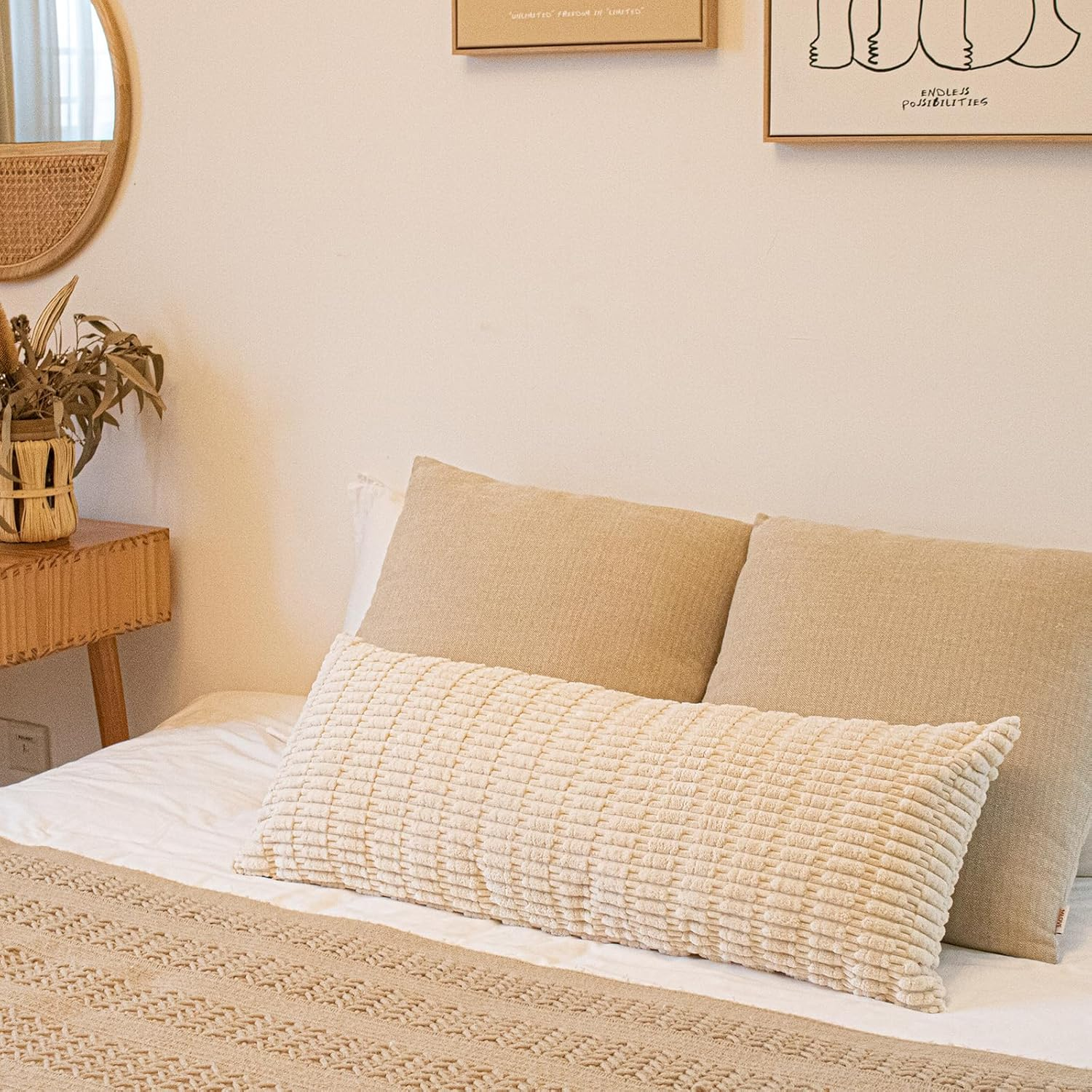 Textured Corduroy Lumbar Pillow Cover 14 X 36 Inch, Neutral Beige Decorative Chic Cozy Long Pillow Cover Soft Luxurious Pillow Case Home Decor for Sofa Bed Room Livingroom image number 3