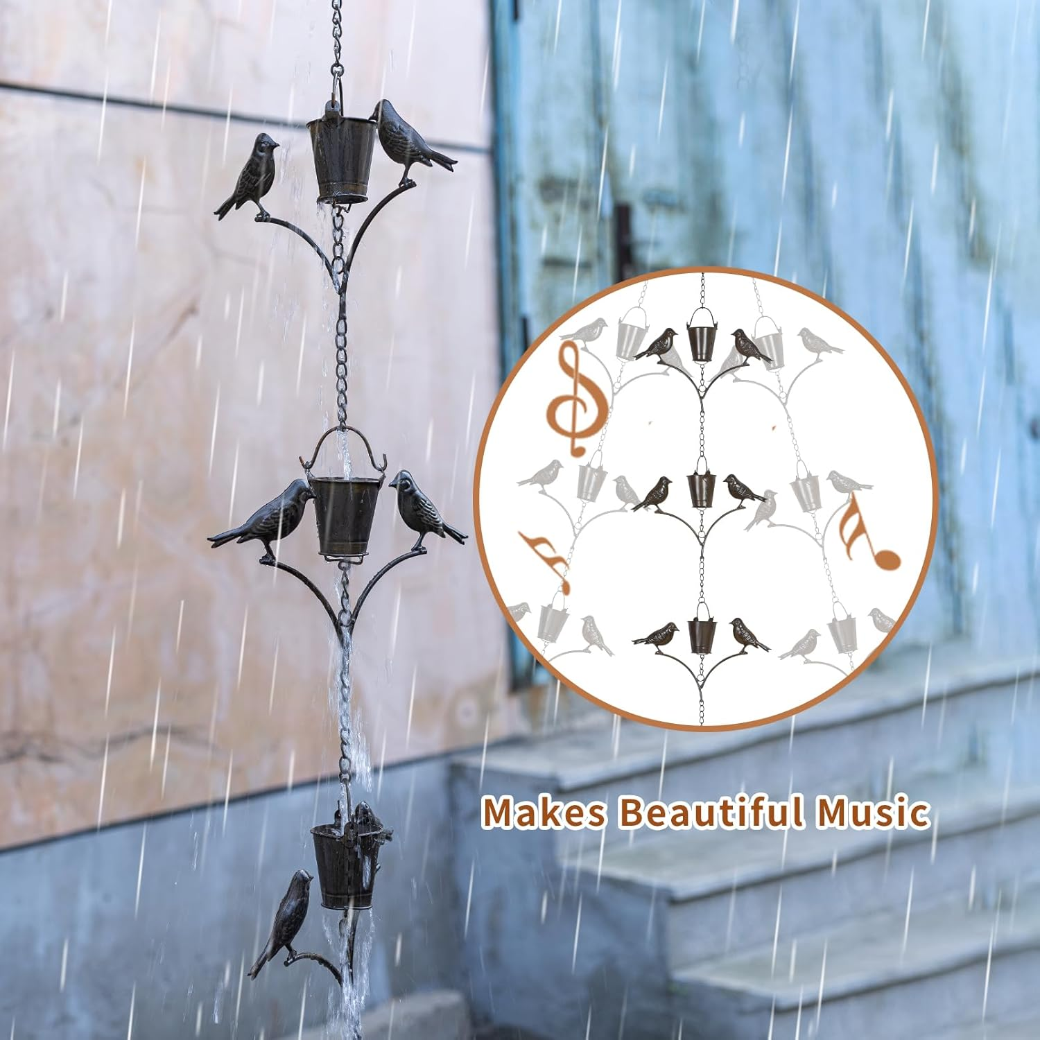 Topadorn Rain Chain Outdoor Decoration 6.3 FT, Rain Catcher Metal Chain Gutter Downspout 76'' for House Eaves, Garden & Patio, Birds & Buckets image number 6