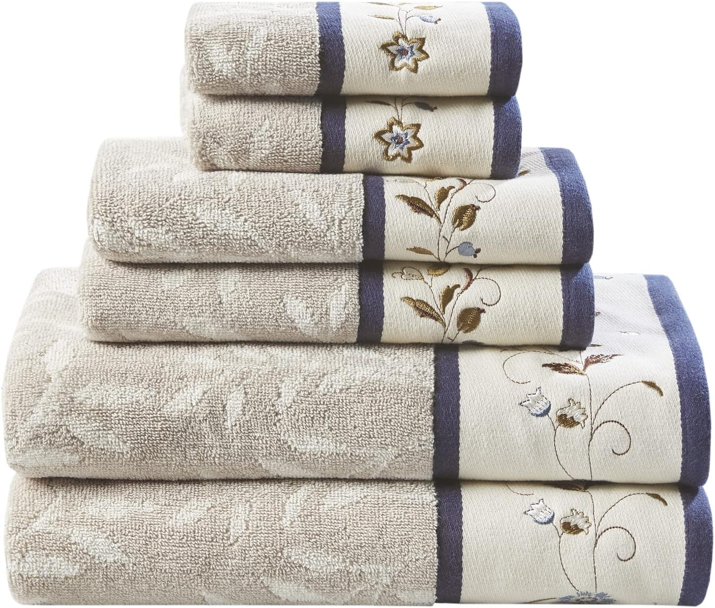 Madison Park Serene 100% Cotton Bath Towel Set Luxurious Floral Decorative Towels for Bathroom Embroidered Cotton Jacquard Design Soft Highly Absorbent for Shower 600 GSM, Multi-Sizes, Blue 6 Piece