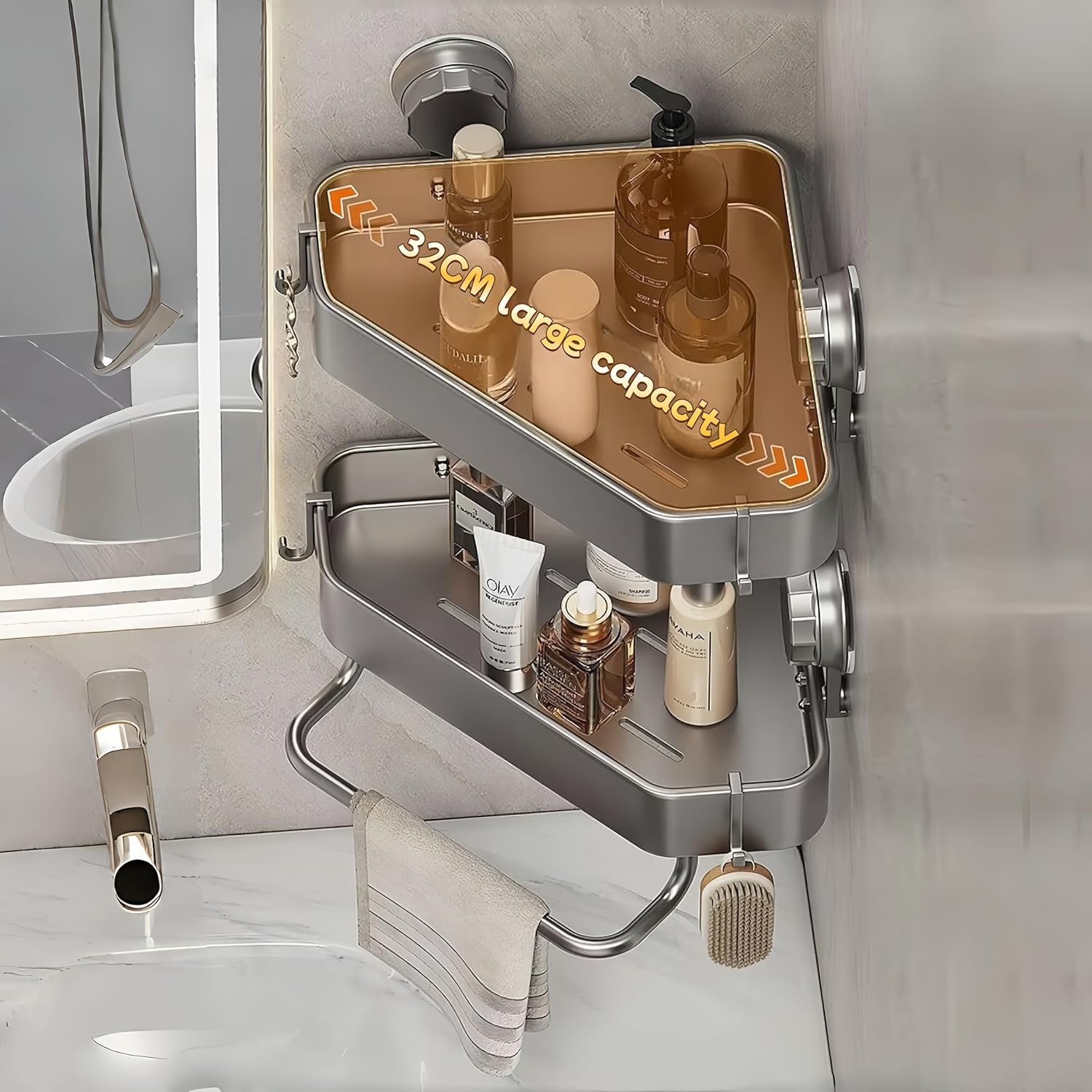 Shower Caddy,Shower Organizer with 2 Hooks, Aluminum Corner Shower Shelf,With Towel Bar Storage Rack Shower Rack for Toilet, Bathroom and Kitchen No Drilling Required image number 4