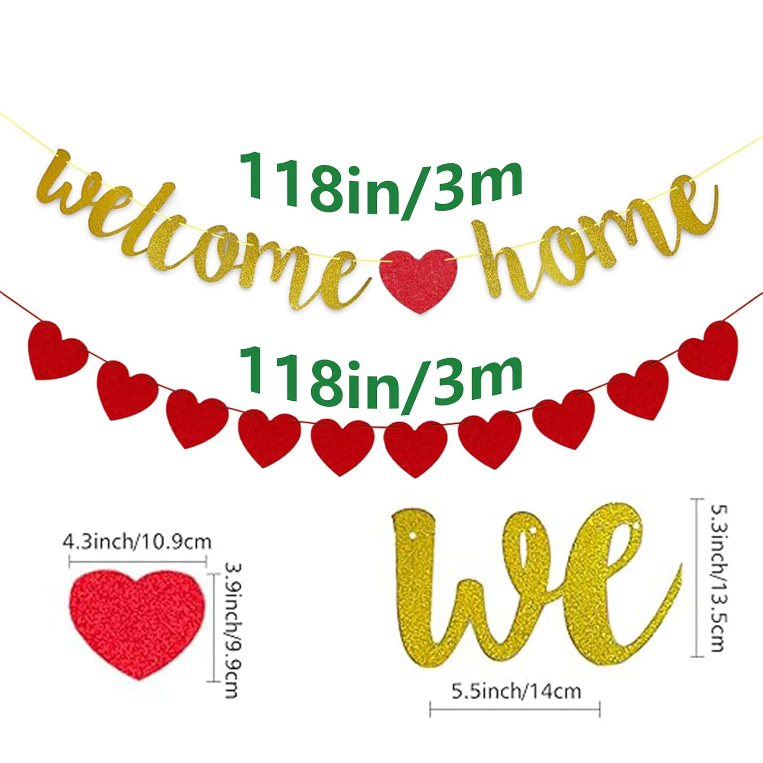 Yeanifeana Welcome Home Banner with Pre-Strung Sparkling Heart Garland, Ready-To-Hang Decoration for Homecoming, Military Return, Family Reunion, Graduation & Housewarming Backdrop, Photo Props, Celebrations image number 1