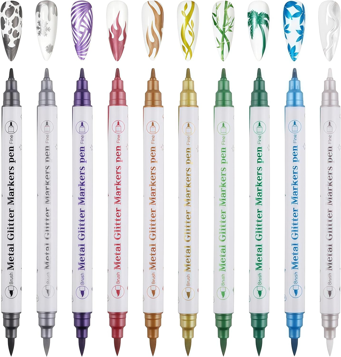 10 Color Metal Giltter 3D Nail Art Pens Set, Double-Ended Nail Point Dotting Pen Drawing Painting Liner Brush for DIY Nail Art Beauty Adorn Manicure Tools image number 1