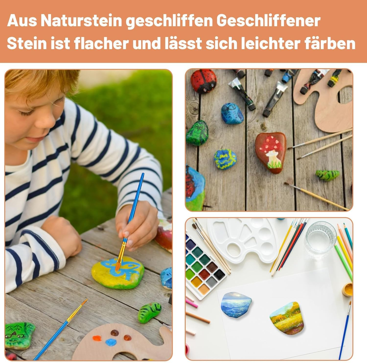 Stones for Painting, Pack of 10 Flat Pebbles in 3 Sizes, with 10 Different Brushes, Ideal for DIY Art Projects, Children'S Painting and Home Decoration image number 3