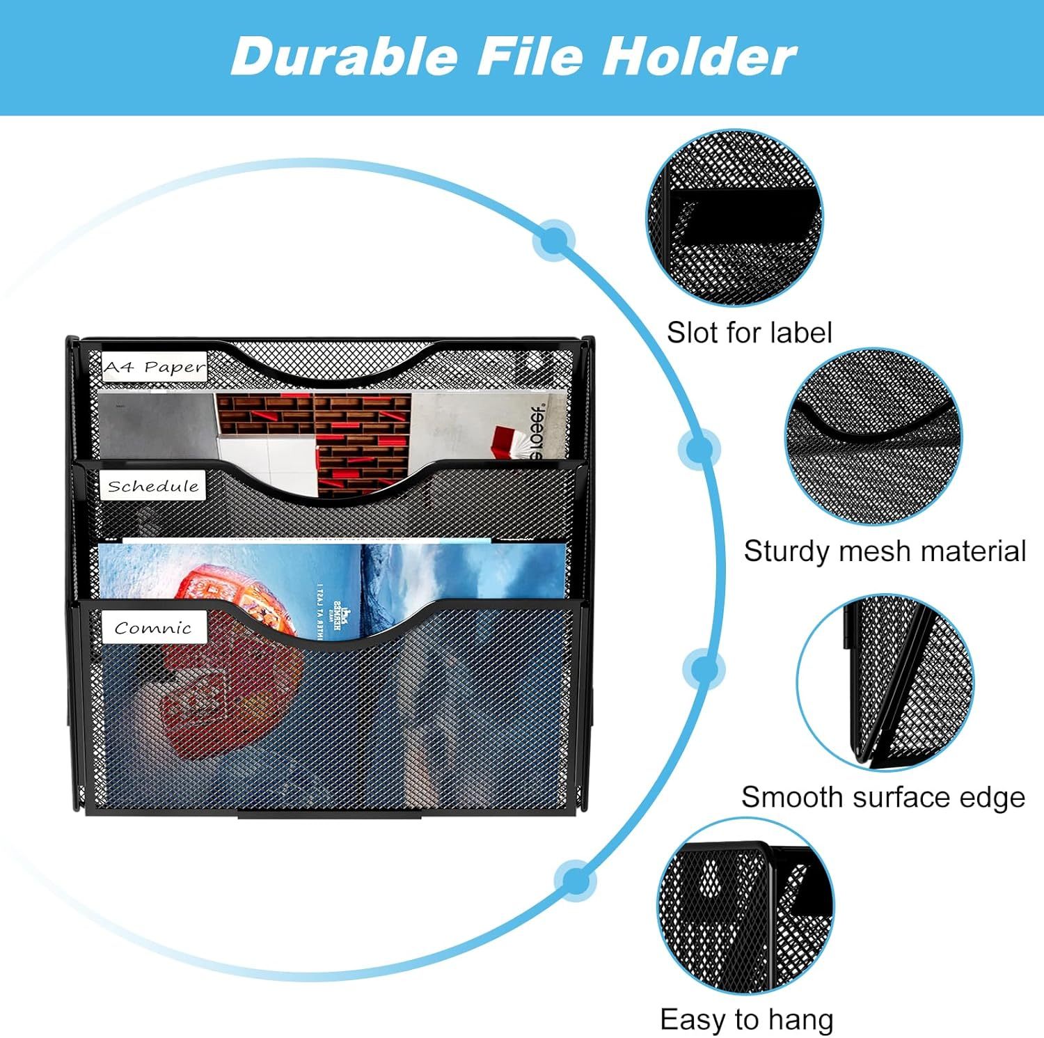 Solinxe Wall Hanging File Holder 3 Tier Wall Mounted Paper Organizer Magazine File Holder Storage Organizer, Black image number 6