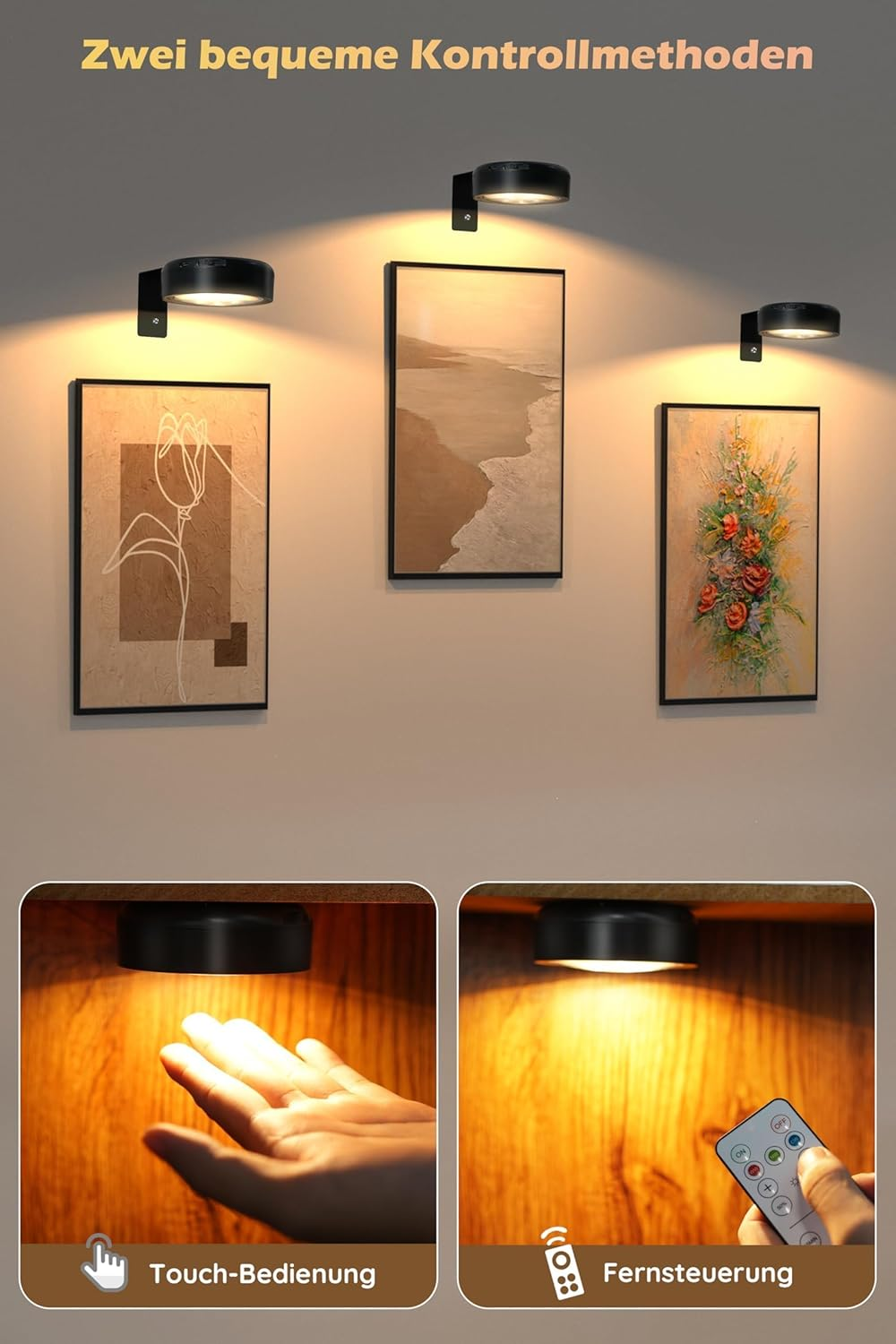 Wireless Picture Light, Battery Picture Light with Remote Control, USB Rechargeable, Painting Lighting with Battery 2000 Mah (Black) image number 4