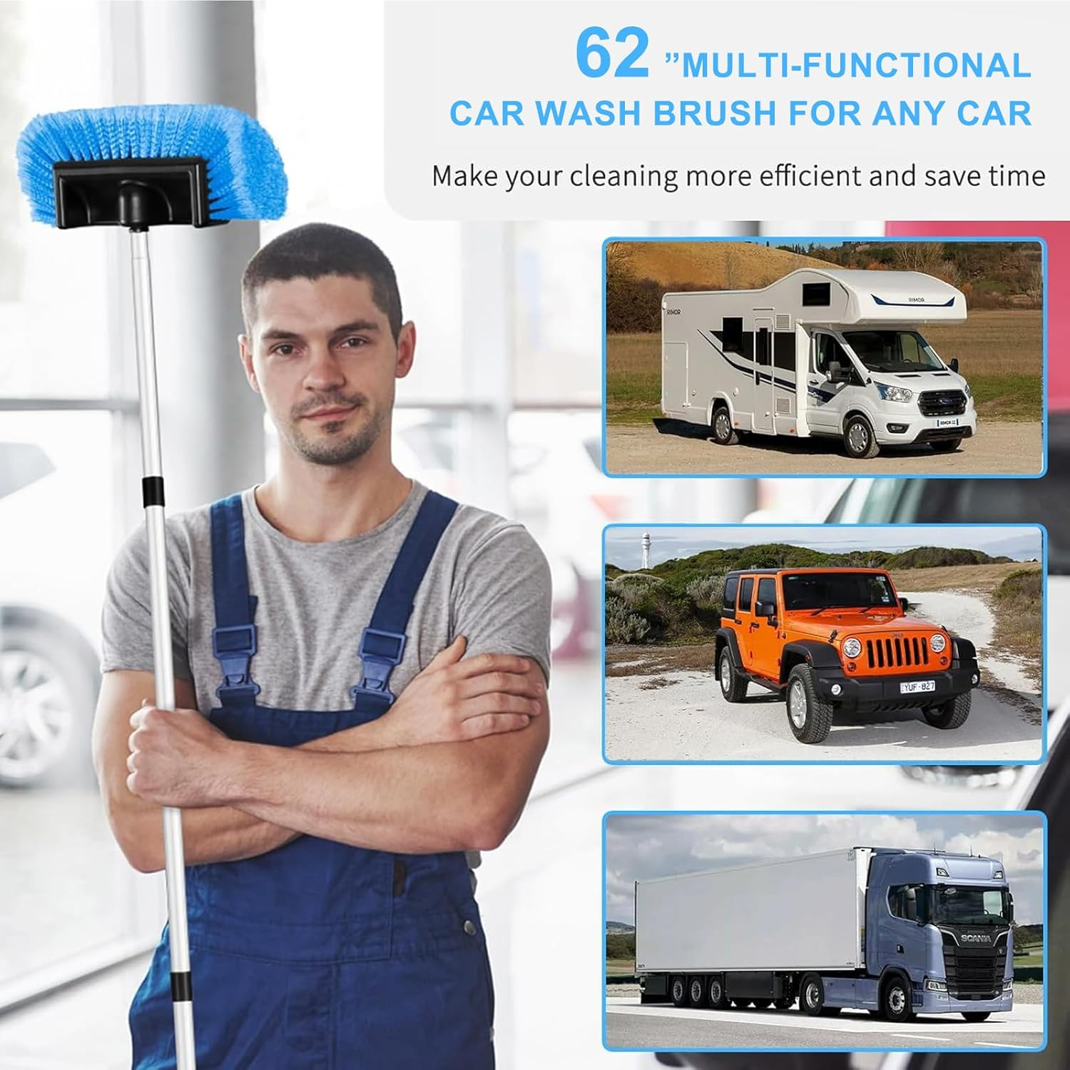 Car Wash Brush,62" Long-Handle (4-Section Pole, Blue Head). Soft Bristle, Scratch-Free&mdash;Ideal for Car Exterior, Fits RV, Truck, SUV. Essential Car Cleaning Supplies for Vehicle Care. image number 2