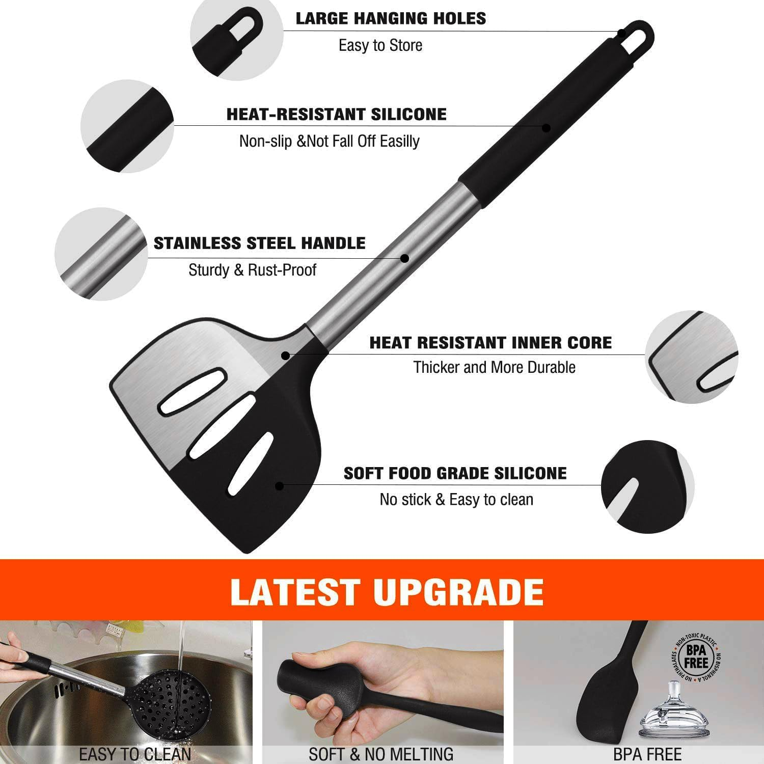 Kitchen Utensils Set, 15 Pcs Silicone Cooking Utensils Set, Non Stick and Heat Resistant Cookware, Cooking Tools with Holder(Black) image number 1