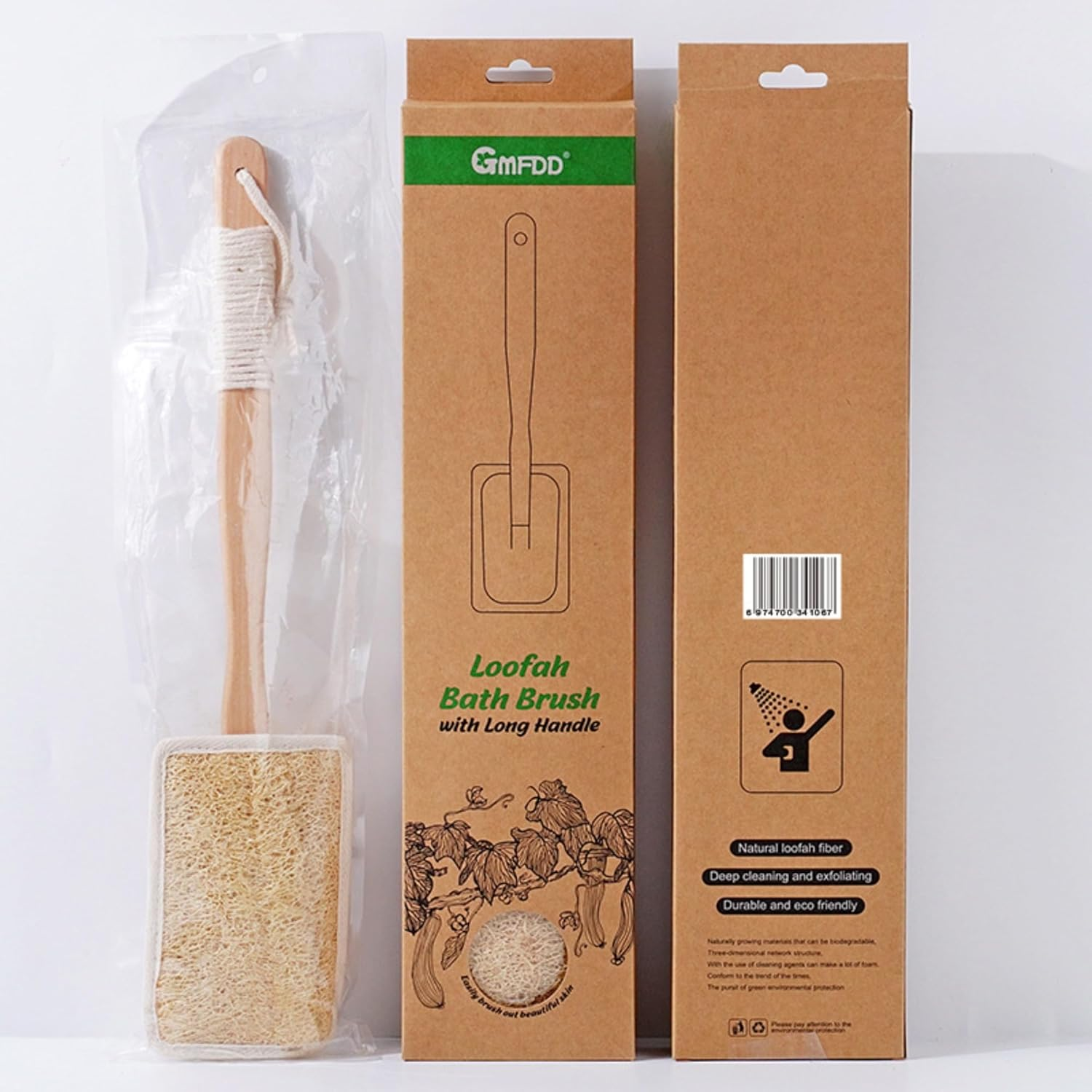 Catchu Loofah Shower Brush, Double Sided Eco-Friendly Bath Brush, Natural Loofah Detachable with Long Bamboo Handle and Boar Bristle Back Scrubber for Bathing Skin Exfoliator - Single