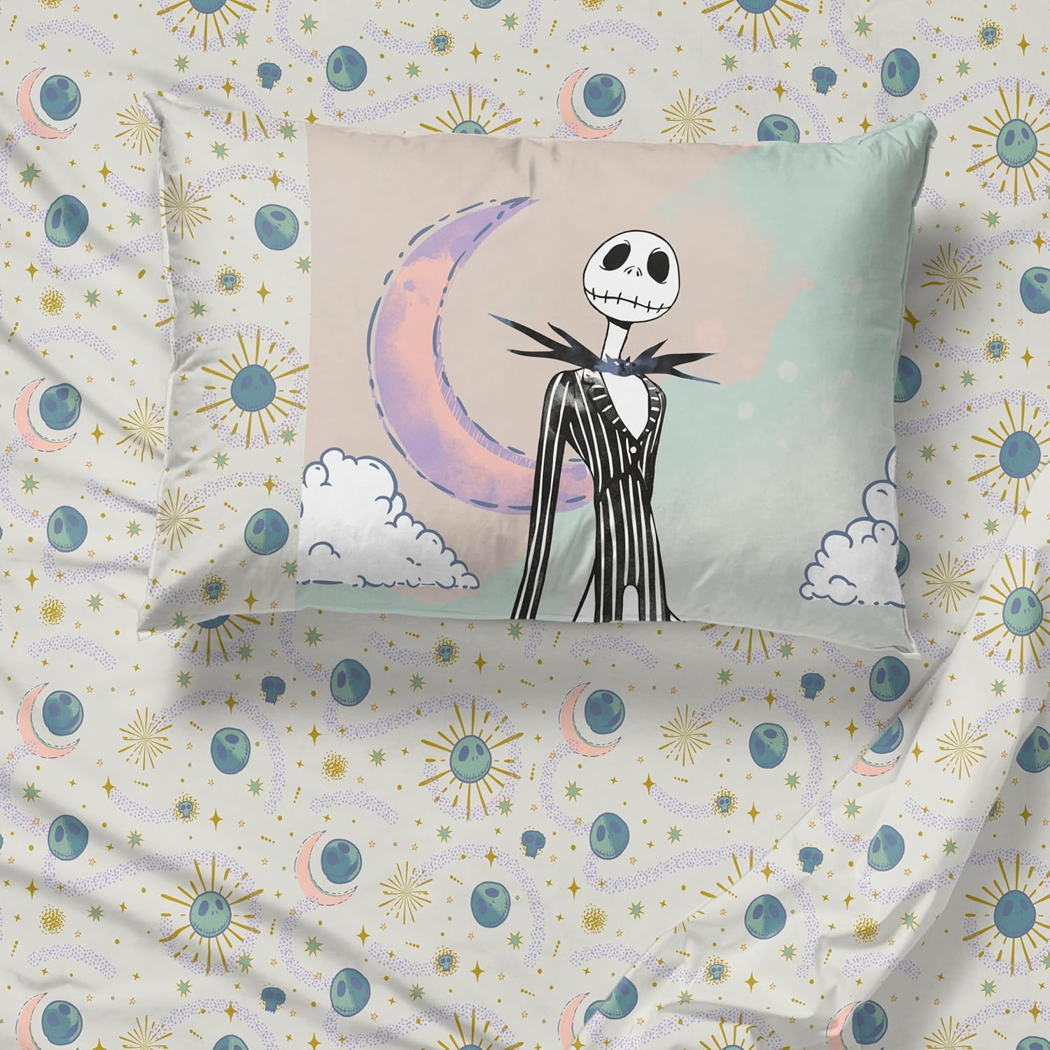 Jay Franco Sheet Set with Fitted, Flat Sheets & Pillow Cover - Ultra-Soft Bedding with Pillowcase for Room Decor, Beige - Nightmare before Christmas, 3 Piece Twin image number 3