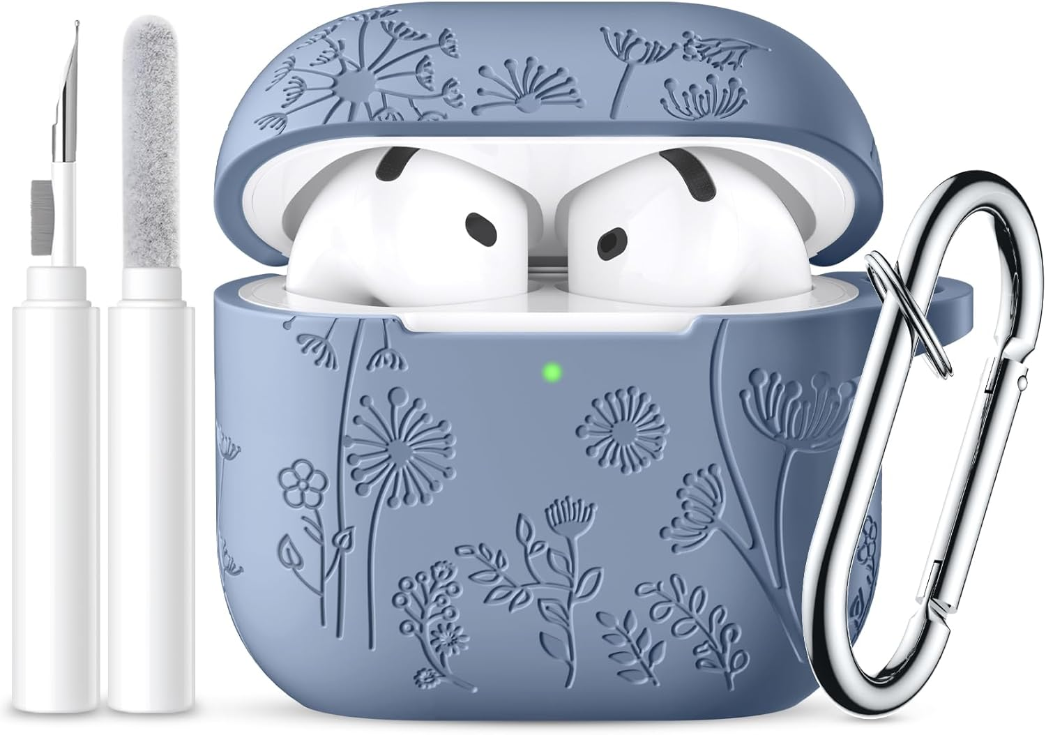 Ouwegaga Compatible with Apple Airpods 4Th Generation Case Cover(2024), Soft Silicone Flower Print Engraved Full Protective Cover for Airpods 4 Case (USB-C) with Keychain for Women Men, Pine Green