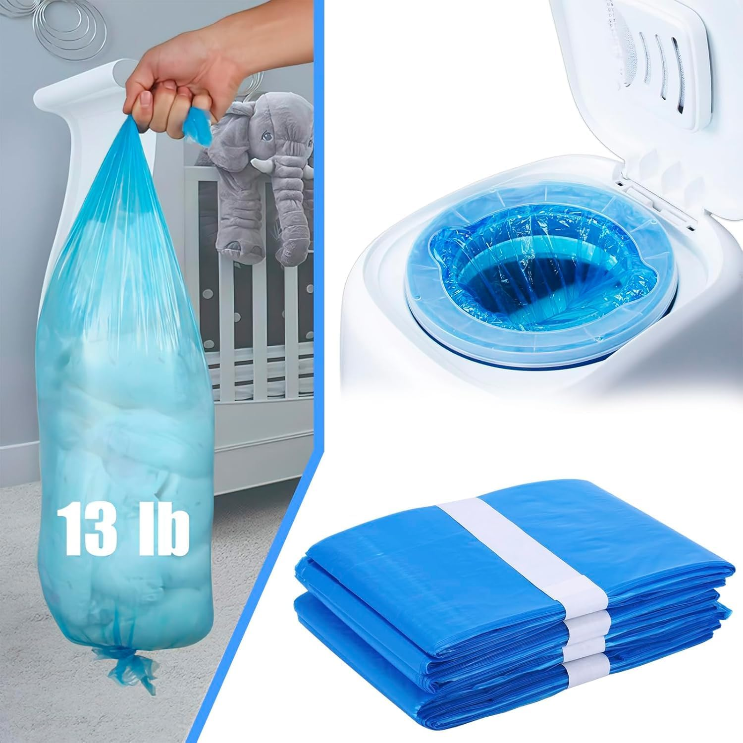 Diaper Pail Liner Refills Bags Compatible with Janibell Akord 330 Series Adult Diaper System, Blue, Lightly Scented, 10 Count image number 1