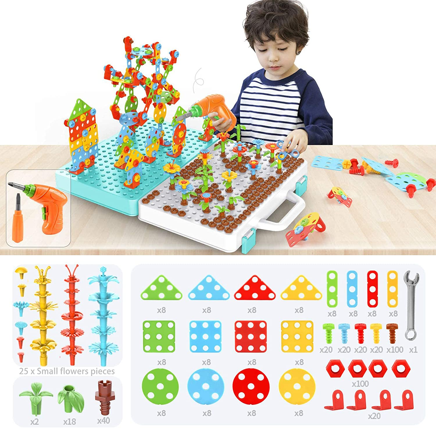 550Pcs Electric DIY Drill STEM Puzzle Toy Set, Creative Mosaic Drill Puzzle Kit, 2D 3D Educational Building Blocks Construction Games Tool Kits, Best Kids Toys for Boys and Girls Age 3-12 Years Old image number 2