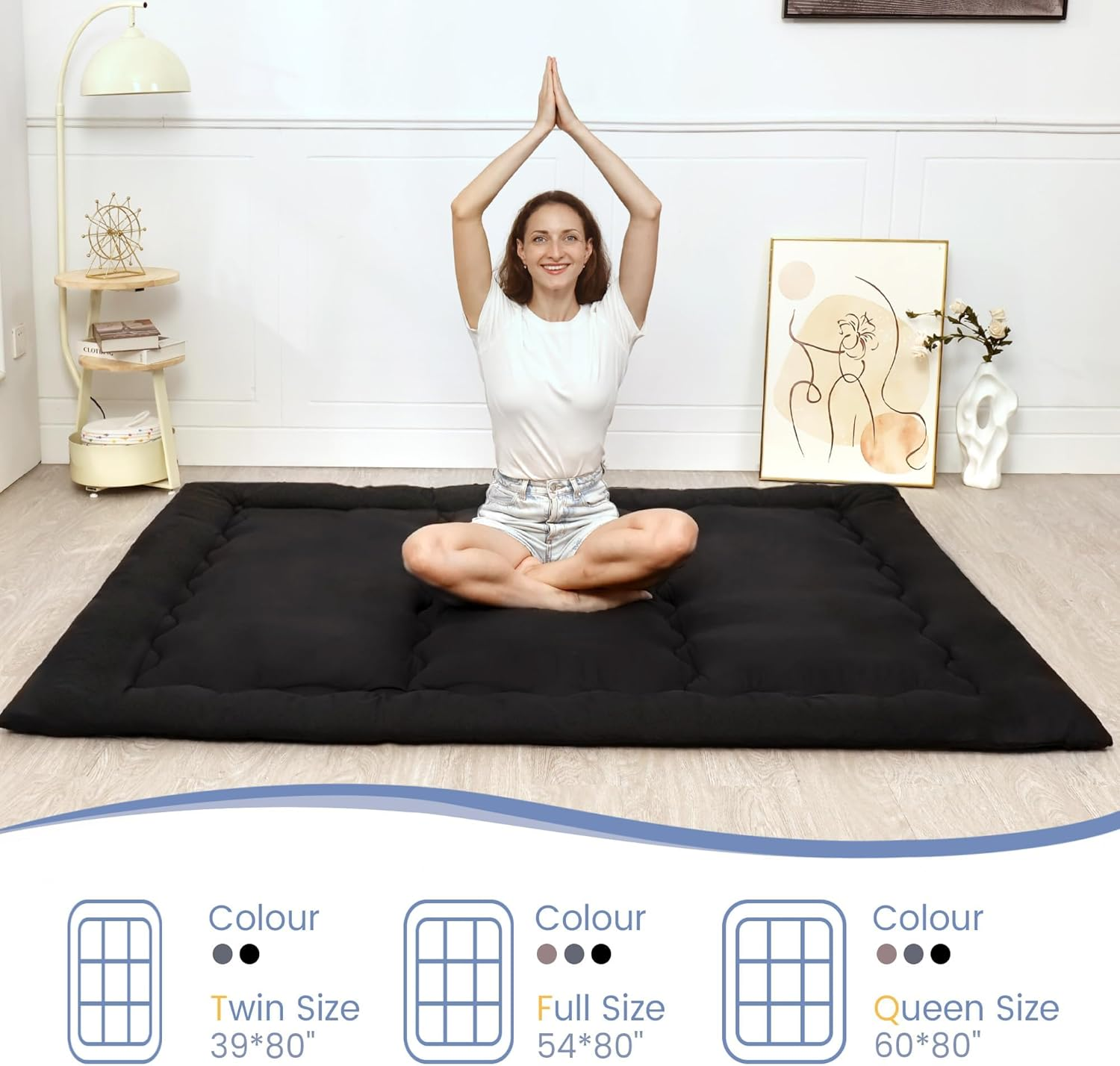 Japanese Floor Mattress, Futon Mattress with Portable Storage Bag, Roll up Thick Tatami Mattress - Black-Twin image number 5