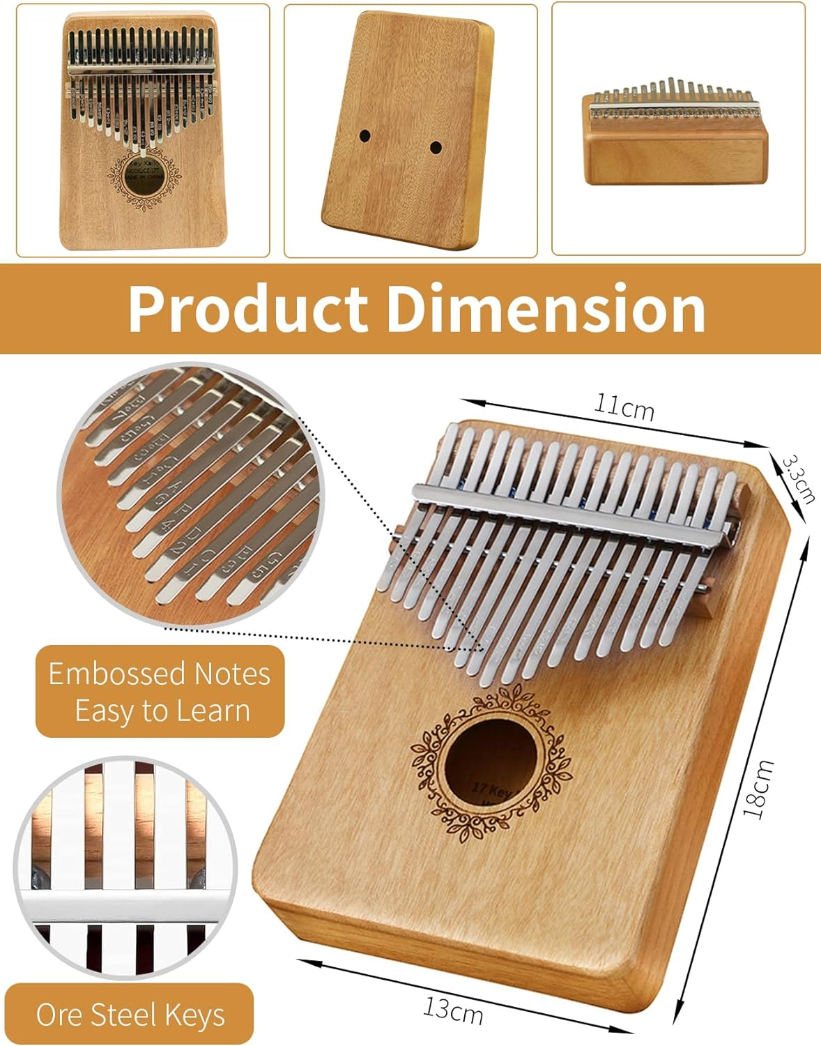 17 Key Kalimba Thumb Piano - Wood Finger Piano with Mahogany Body, Portable Mbira for Kids, Adults, Beginners, Professionals (01) image number 4