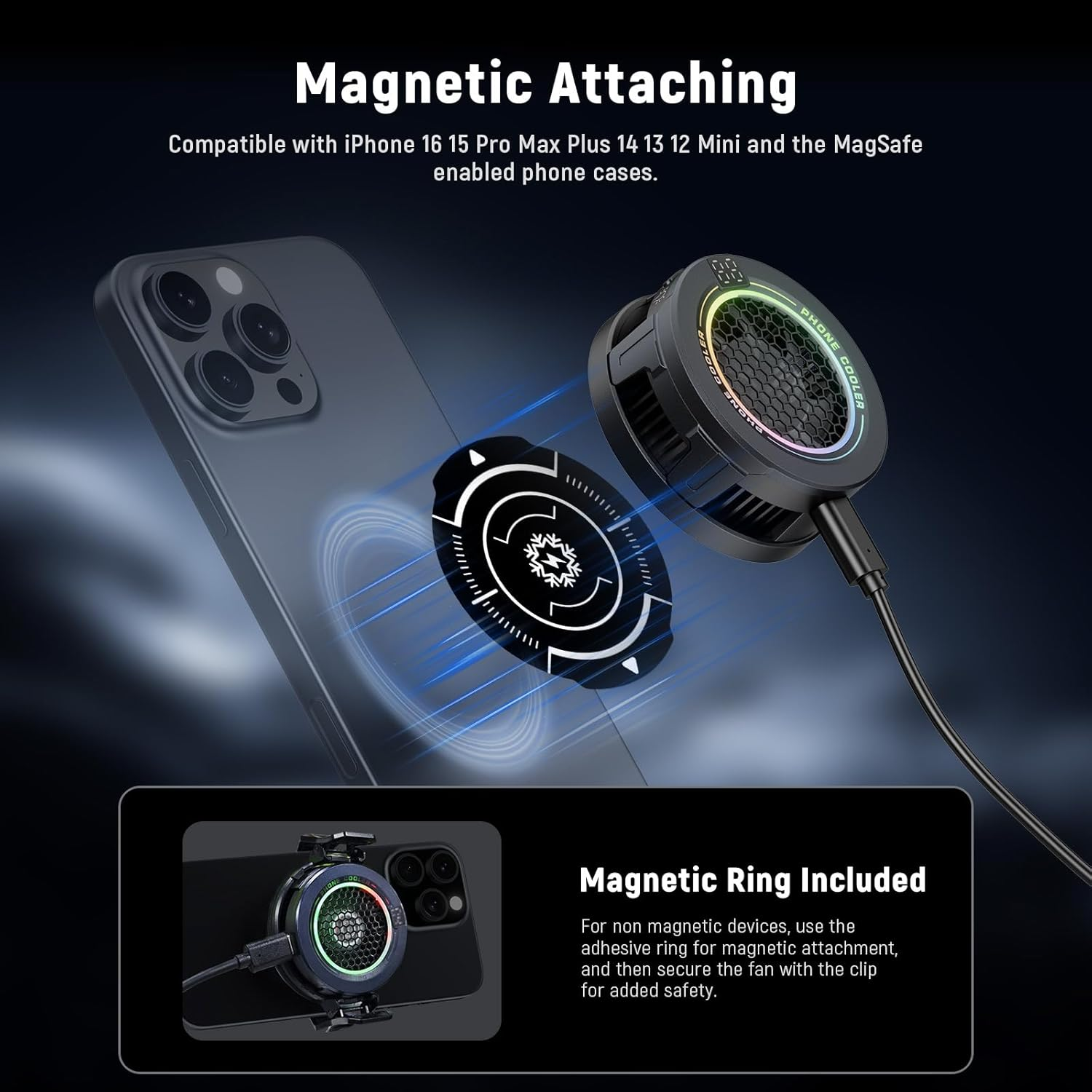 NEEWER Basics Magnetic Phone Cooler, Low Noise USB Cooling Fan with Smart Temp Control, RGB Light, Magnetic Ring & Clip Compatible with Iphone 15 16 Pro Max Magsafe Samsung Ipad for Gaming, PA069 image number 4
