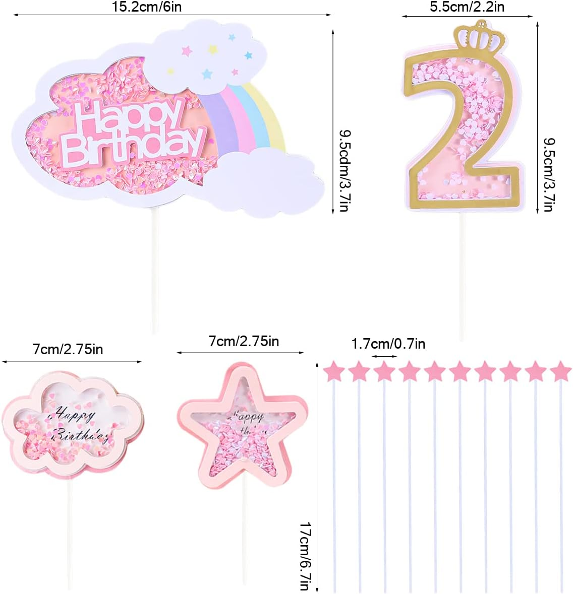Kawailay Baby Girl 2Nd Birthday Cake Decoration Set Second Birthday Cake Topper with Rainbow Clouds Stars Cake Picks Two Year Old Cake Topper for Girls Birthday Party Supplies - Pink image number 3