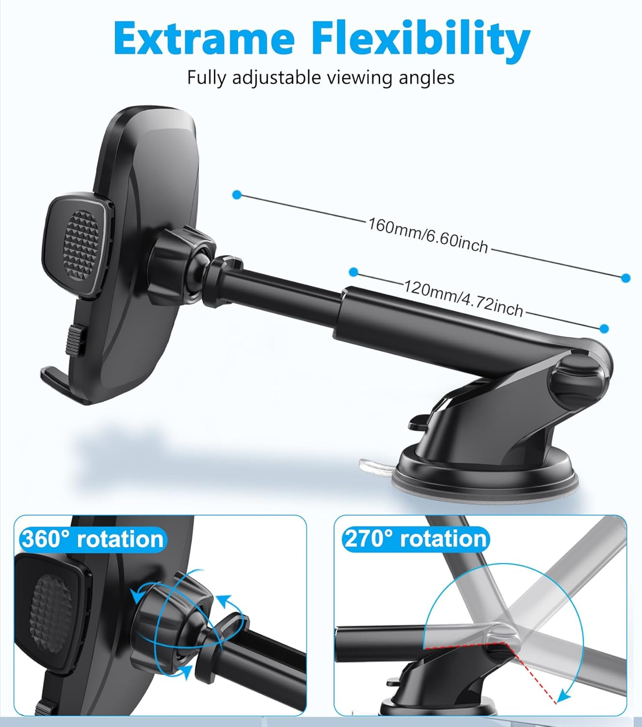 BASEMO 3-In-1 Car Phone Mount &ndash; Dashboard, Windshield & Air Vent Holder with 360&deg; Rotation, Secure Suction, Fits 4.7-7.2 Inch Mobile Phones (Iphone, Samsung, Huawei) (Side-Opening Type) image number 2