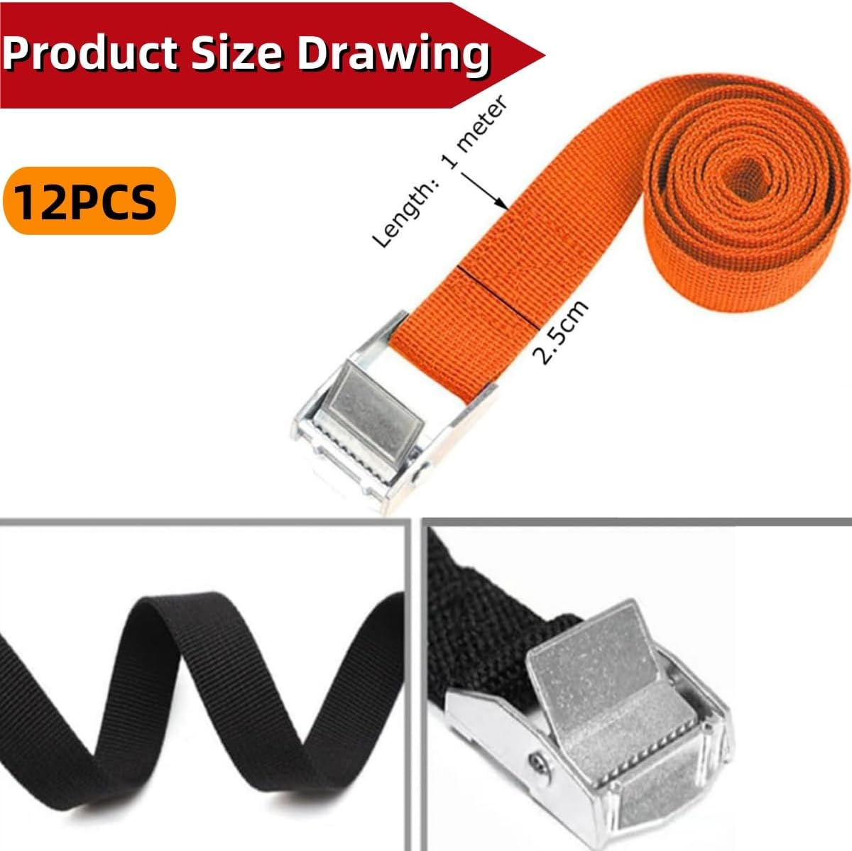 12PCS Lacing Straps,1 M Heavy Duty Lacing Adjustable Cargo Belt Ratchet Strap, Adjustable Cam Buckle Lacing for Motorcycles, Bicycles, Trucks, Trailers, Cargo, Luggage (Black, Orange) image number 2