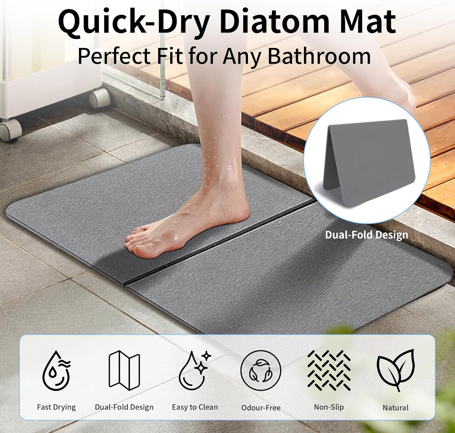 Stone Bath Mat, Natural Diatomaceous Earth Bath Mat, Non Slip Super Absorbent Quick Drying Diatomite Mat for Bathroom, Bathtub, Kitchen Counter, Both Sides Available with Cleaning Tool (Dark Gray) image number 3