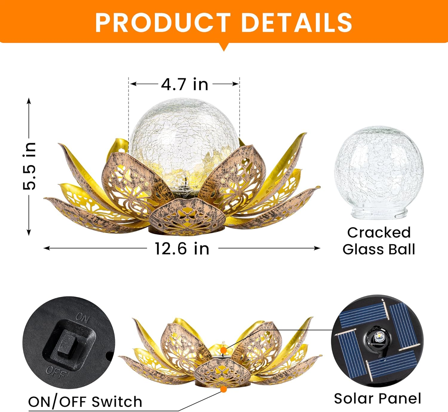 PATIOPIA Solar Lights Outdoor Garden Decor, Adjustable Metal Petal Lotus Flower Lights Crackle Globe Glass Lantern Outdoor Table Decor Waterproof for Patio, Lawn, Pathway, Pond Gift