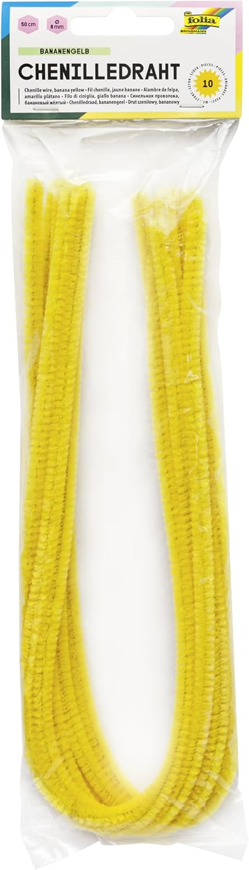 Folia 77814 - Chenille Wire Pipe Cleaners, Pack of 10 in Banana Yellow, Diameter 8 Mm and 50 Cm Long, Ideal for Children for Crafts and Design Animals, Figures and Other Shapes