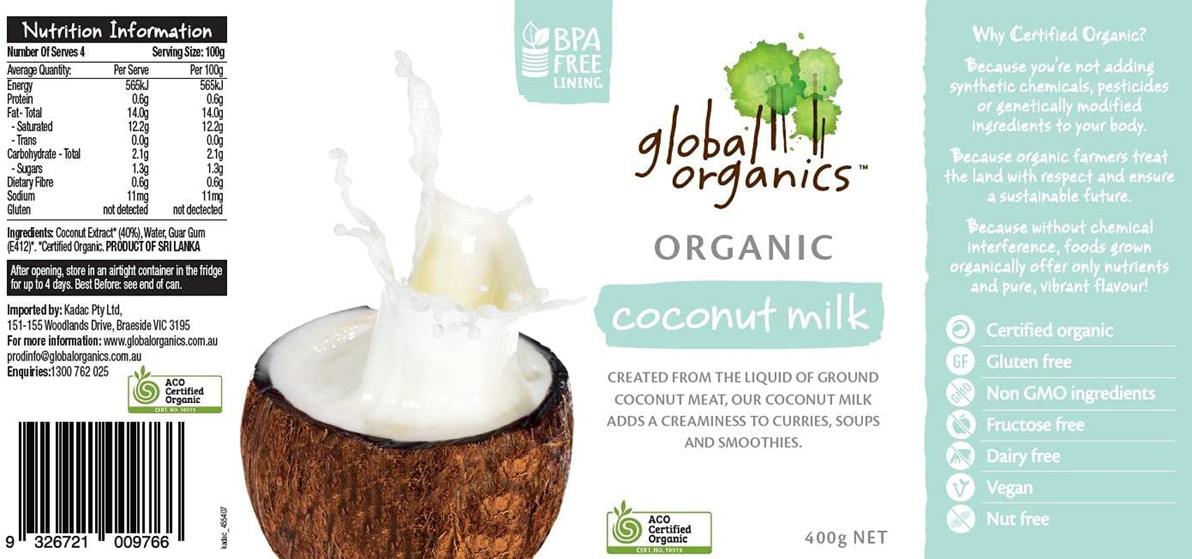 Global Organics Coconut Milk Can G/F 400 G