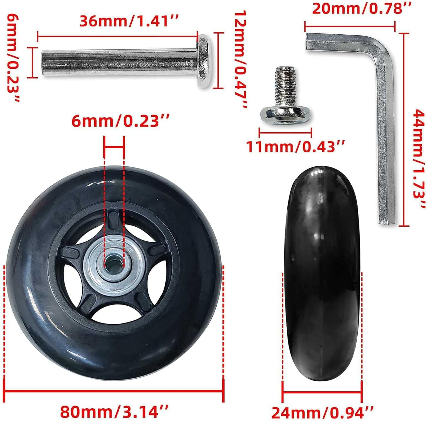 Luggage Suitcase Replacement Wheels 360 Spinner Wear Resistant Rubber Caster Deluxe Repair Tool Kits with Metal Bearings Axles M6 X 36Mm, Black, 60Mm X 18Mm X 6Mm, 2Pcs image number 1