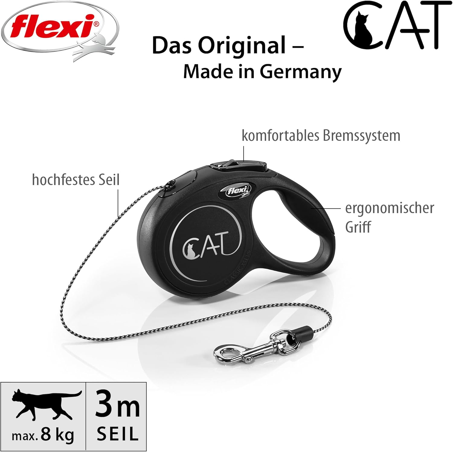 Flexi Classic Retractable Cat Cord Lead Black Extra Small 3 Metres