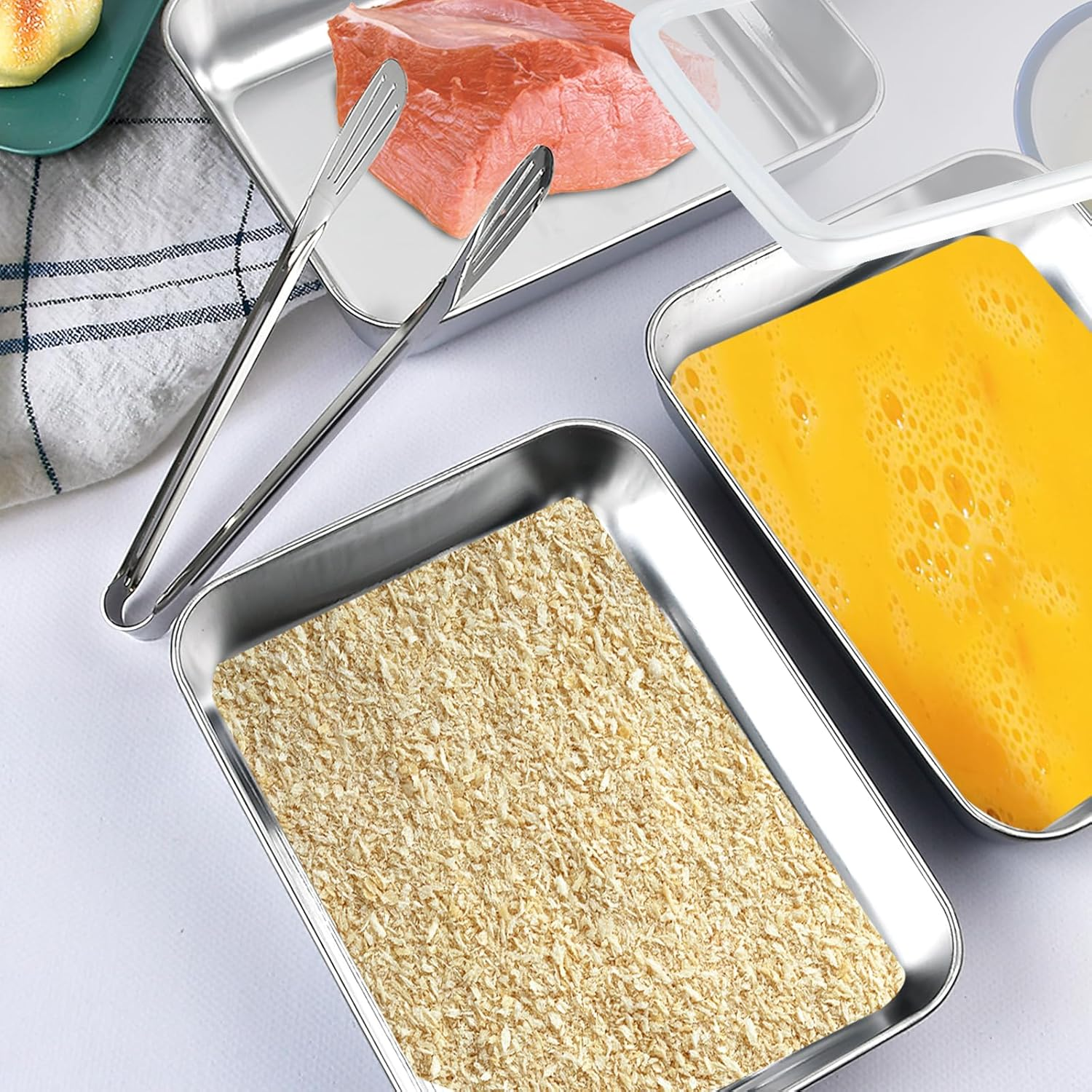 3 Set Stainless Steel Breading Trays Set with Lids, Dust Proof Breading Pans with Tong for Dredging Chicken Breasts，Marinating Meat, Food Prep Trays Oven & Dishwasher Safe