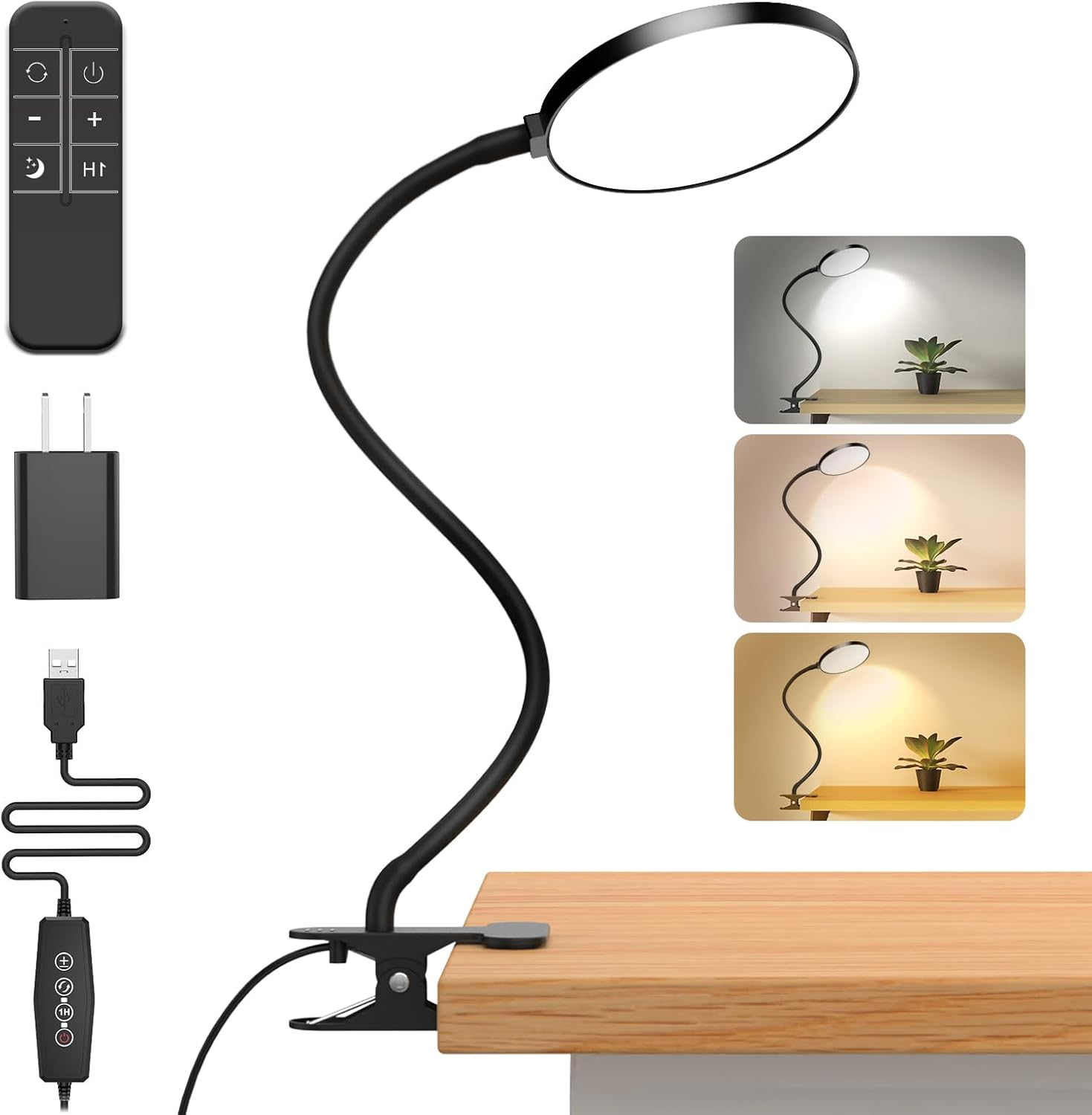 Ifalarila Reading Light with Remote, LED Desk Lamp Clip on [1H Timer & Nightlight] RA>95 Dimmable Flexible Gooseneck, Reading Lamp with Clamp for Table - 4.7'' (Adapter Included) image number 5