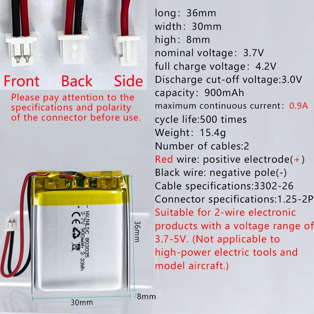 DC 3.7V 900Mah 803035 Rechargeable Lithium Polymer Battery, Suitable for DIY 3.7-5V Electronic Products with Built-In 2-Wire Battery Replacement and LED Lights image number 3