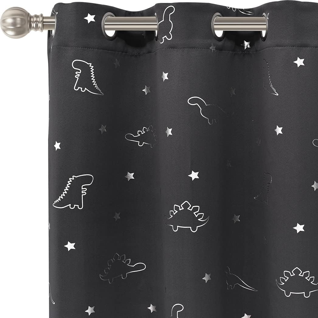 LORDTEX Dinosaur and Star Foil Print Blackout Curtains for Kids Room - Thermal Insulated Curtains Noise Reducing Window Drapes for Boys and Girls Bedroom, 42 X 63 Inch, Grey, Set of 2 Panels image number 4