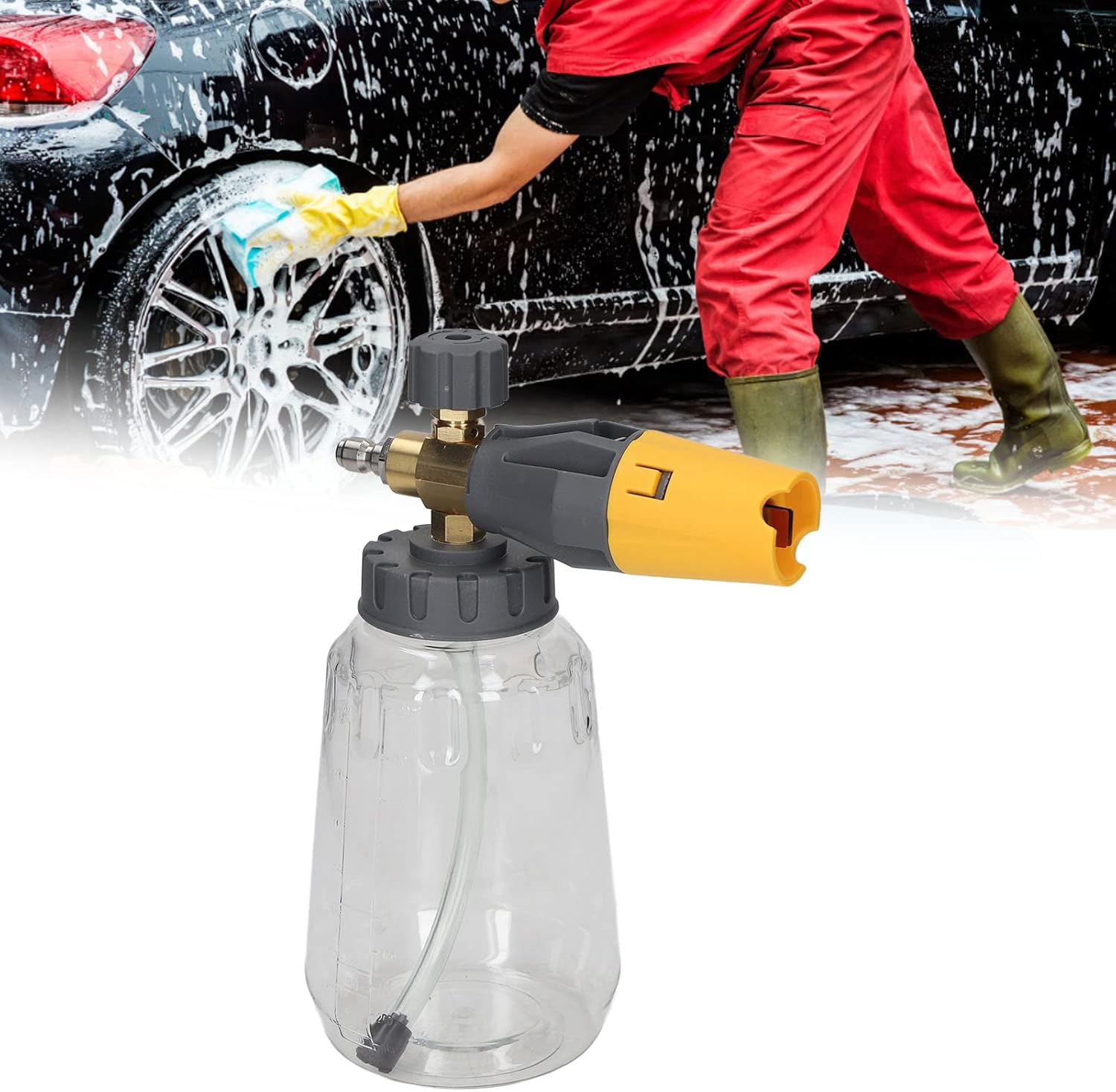 Car Wash Foam Gun, 4000PSI Adjustable Hand Pressure Snow Foam Sprayer Car Wash Professional Car Foam Blaster with 1/4 Inch Quick Connector, 1L, Transparent, Rotatable Nozzle (Yellow)