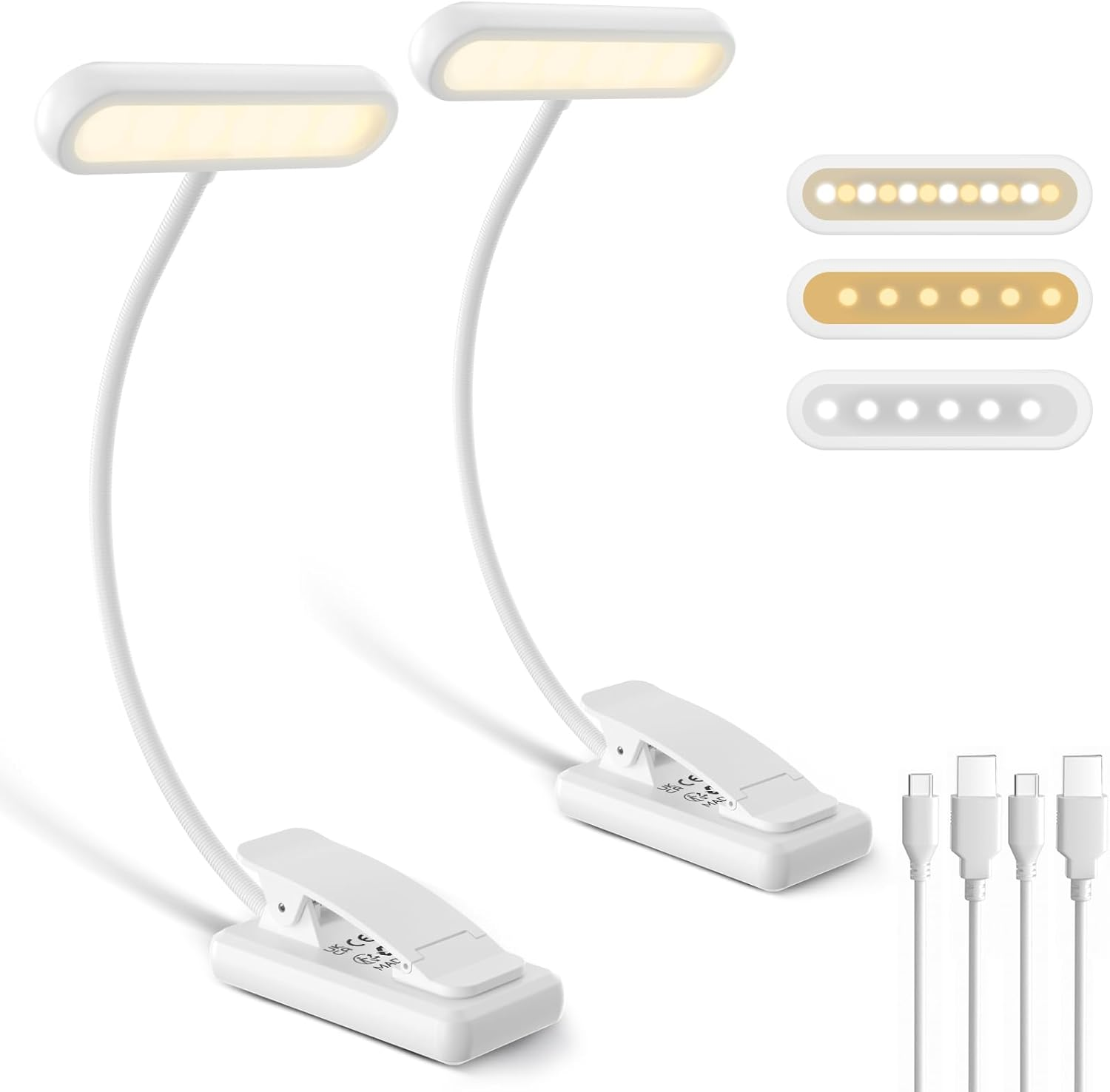 Book Light, [Adapter Included] Rechargeable Book Lights for Reading at Night in Bed with 3 Color & 10 Brightness Dimmable, Flexible Gooseneck Small Clip on Reading Light for Kids - 2 Pack/White