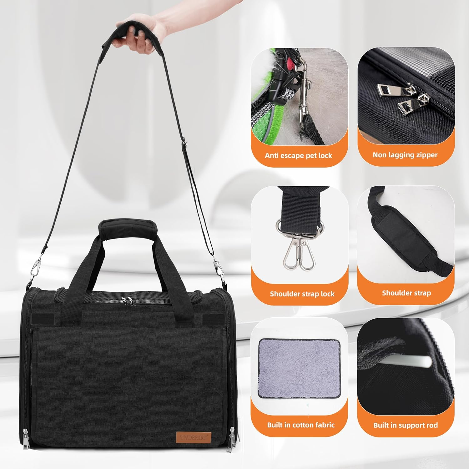 TWDEPART Dog, Cat Carrier- Durable, Ventilated & Foldable with Roll-Up Shade, Includes Free Collapsible Bowl & Cushion for Stress-Free Travel (Black) - Grey image number 3