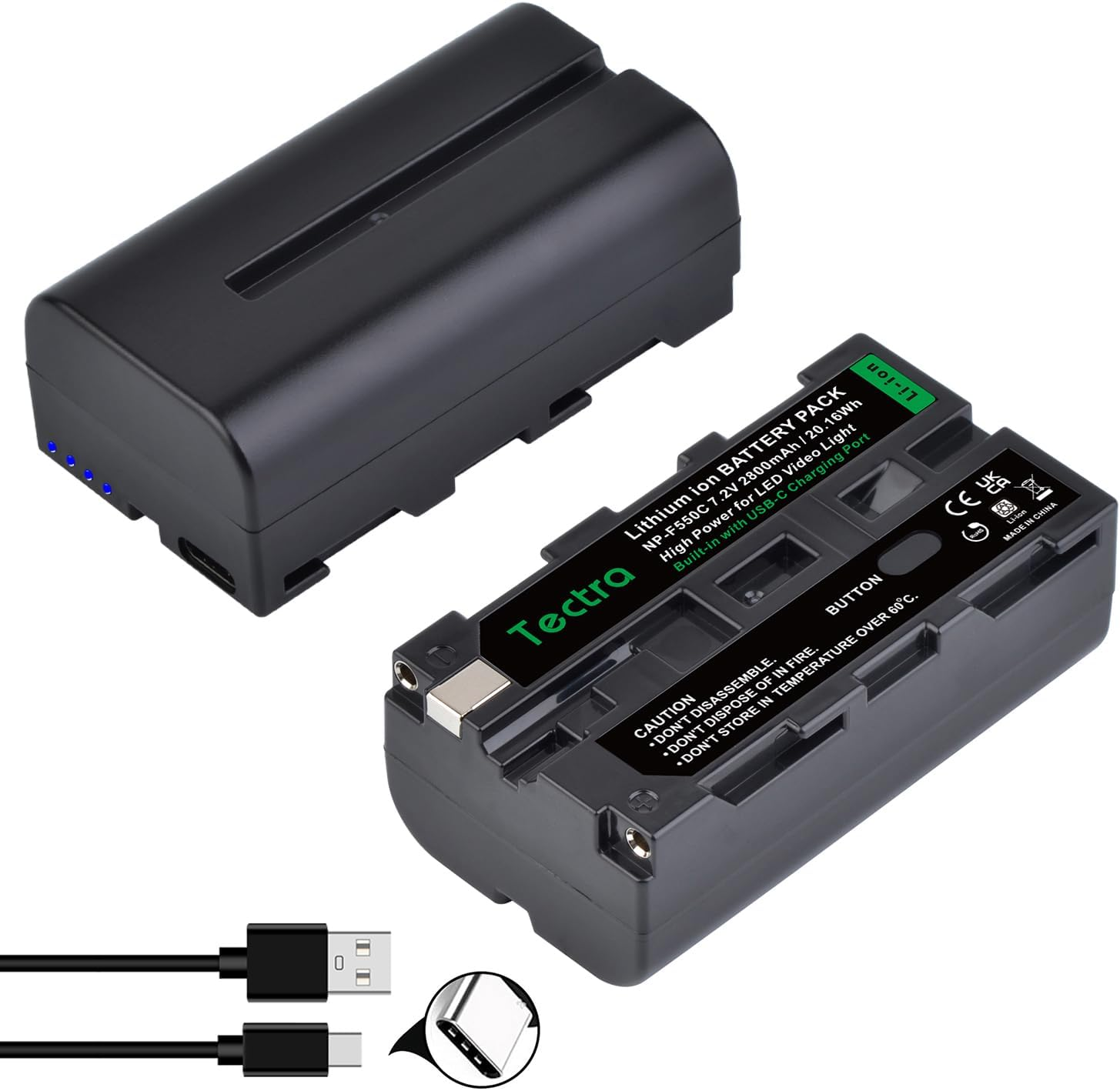 Tectra 2-Pack NP-F550 NP-F570 Battery with USB-C Port for Sony NP F970, F750, F770, F960, F530, F330, F570 and Compatible with LED Video Light, Monitor, Ring Light (Not for Camera)