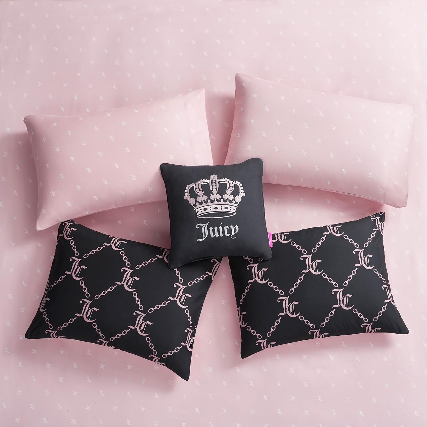 Juicy Couture Black Link Logo Printed Comforter Set, Queen &ndash; Complete 8-Piece Bed in a Bag Collection