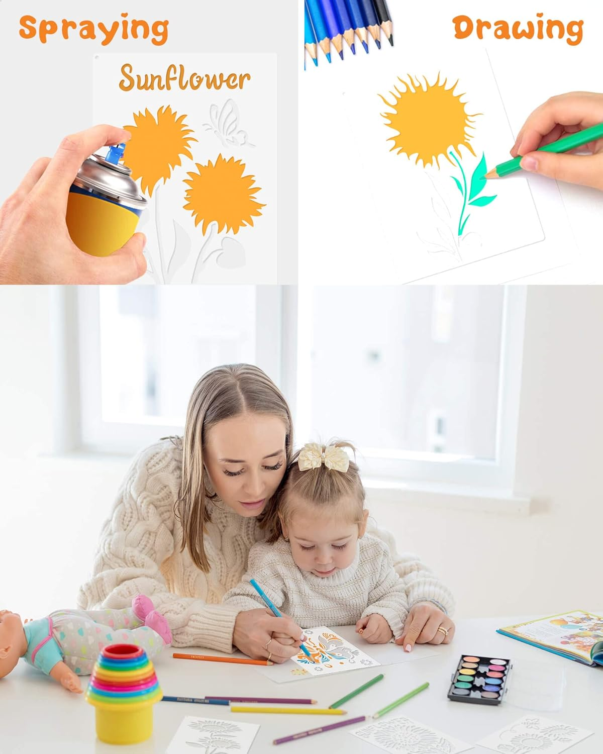 9PCS Sunflower Butterflies Stencils, Reusable PET Sun Flower Template, DIY Craft Paint Stencil with Metal Open Ring, for Painting on Wood Canvas Paper Fabric Wall Furniture, 8X11 Inches image number 1