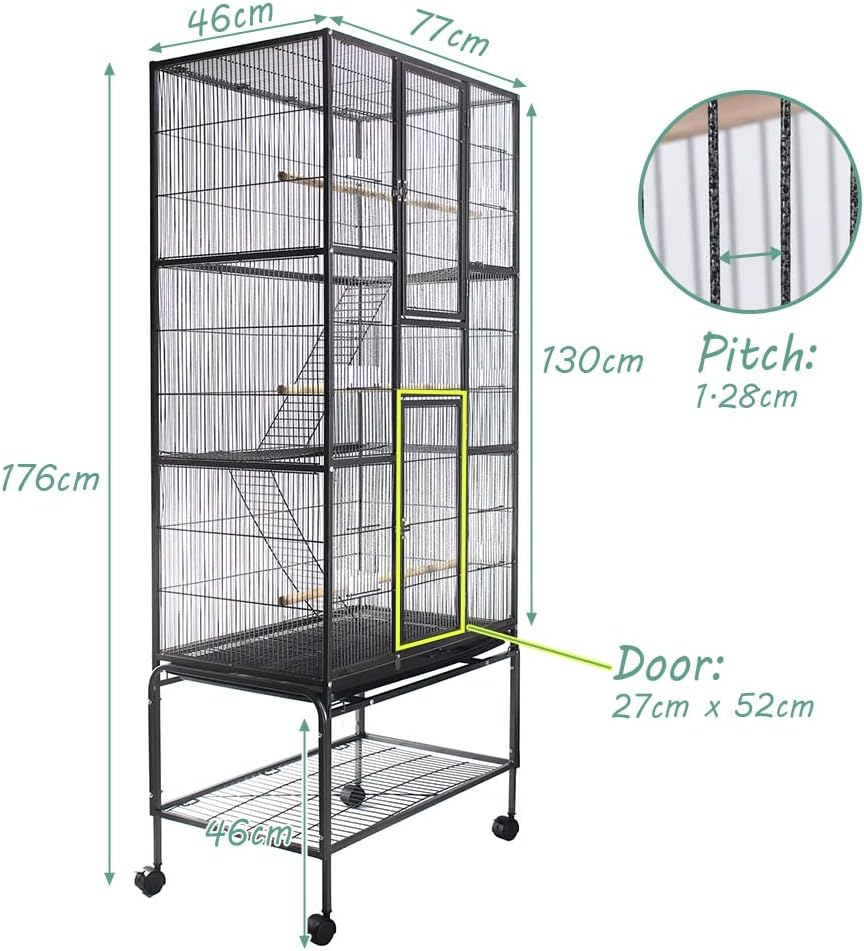 Taily 176Cm Large Bird Cage Stand-Alone Aviary Cages Travel Stand Budgie Parrot Birdcage with Removable Tray Black