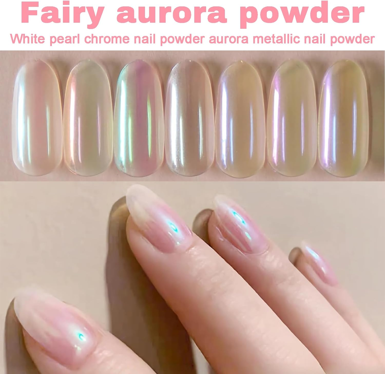 HHMJZW Chrome Nail Powder - 7 Colors White Pearl Chrome Nail Powder Kit for Nails Art with Holographic Mirror Gradient Effect image number 5