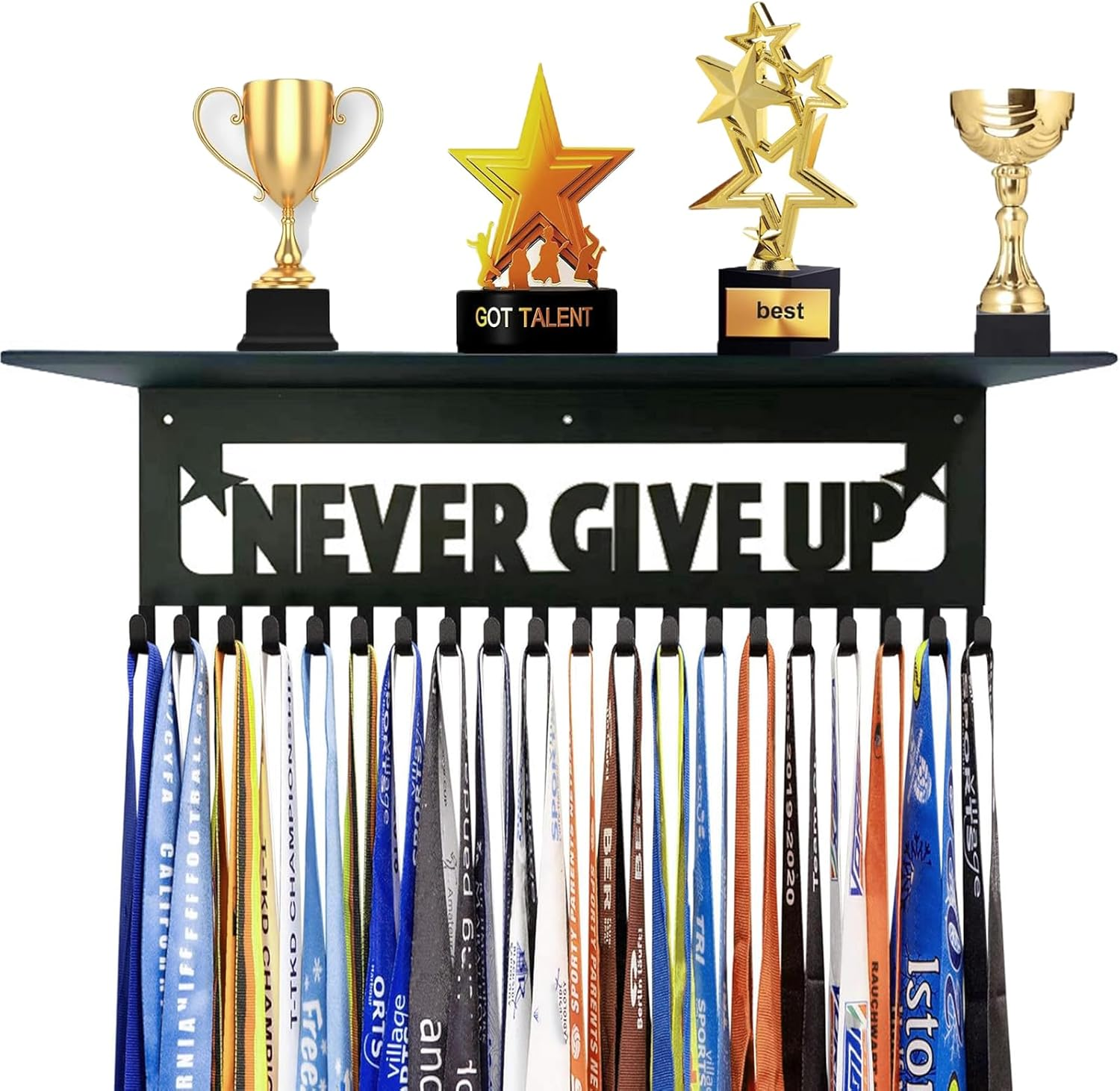 Medal Hanger Display,Trophy Shelf Medal Display Holder with 20 Hooks,Metal Awards Rack for Walls Holds,Race Medal Display Upgraded Medal Holder Display for Gymanstics,Soccer,Swim,Run image number 2