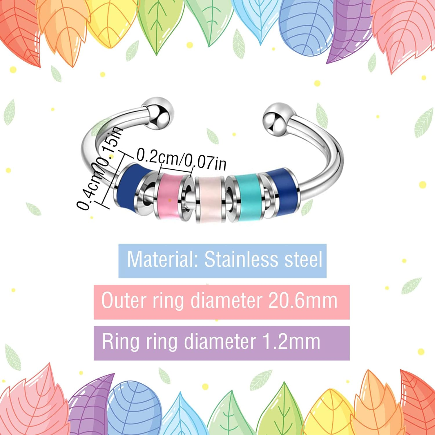 Spinning Enamel Fidget Ring, Anxiety Relief Ring Adjustable Fidget Ring Roll Anti-Anxiety Spinner Fidget Rotating Ring Stress Relief Rings Bead Spinner Ring for Women Daughter Granddaughter Kids image number 5