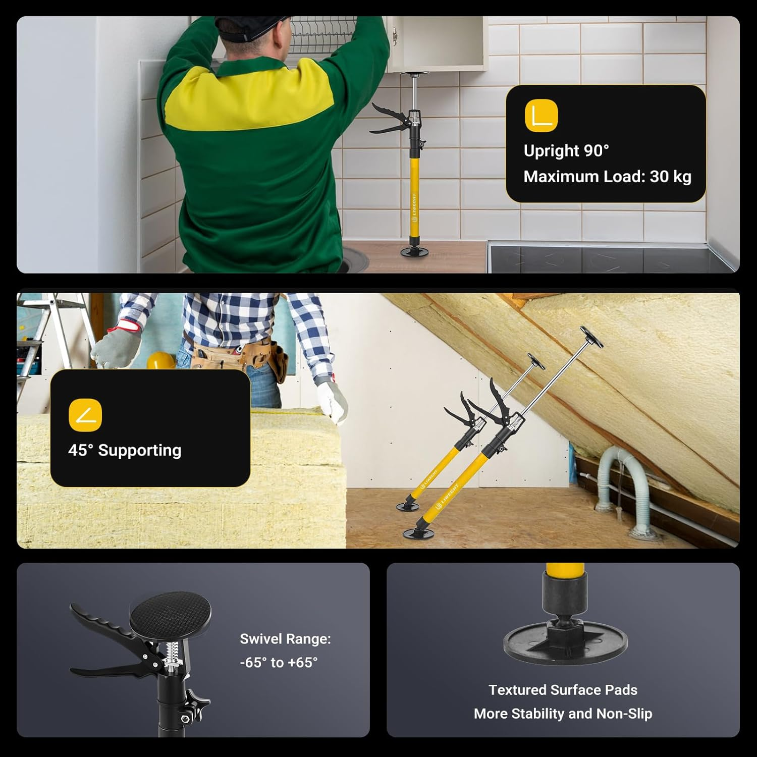 LIWEGHT 2 Pack Cabinet Jack, 50-115Cm Third Hand Tools Height-Adjustable Support Pole, Telescopic Support Pole, for Woodworking, Drywall Jack, Upper Cabinet Installation (Yellow, 50-115Cm) image number 2