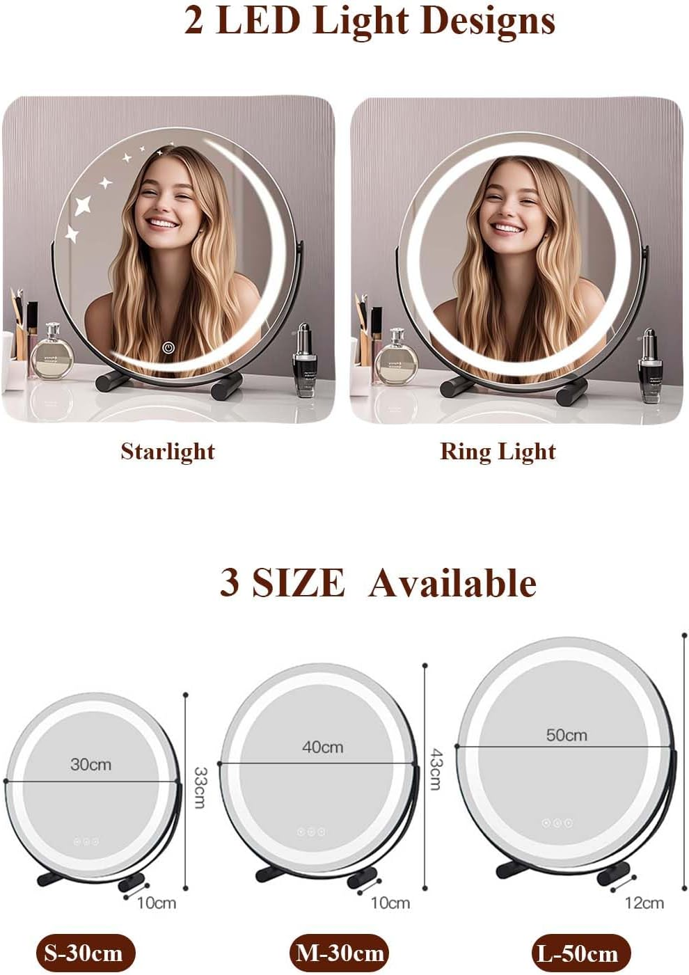 LED Vanity Mirror with Starry Sky Lights Crescent Moon 3-Color Adjustable Makeup Mirror round HD Mirror for Girls (Starlight,Gold 30Cm) - White 30Cm image number 6