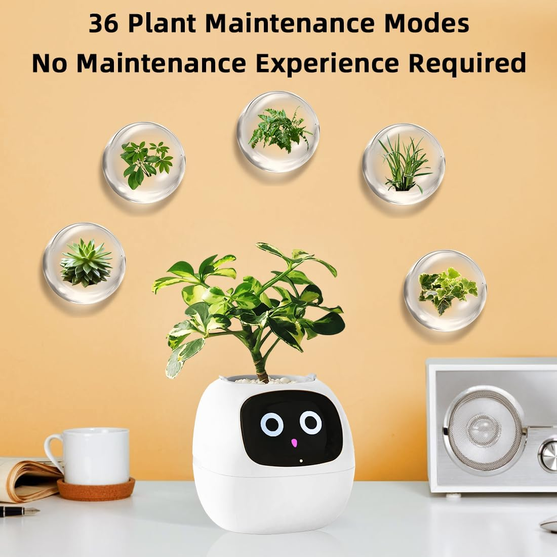 Smart Flowerpots AI Planter, 49 Expressions, 7 Sensors, APP Control Robot for Interactive Plant Care Auto Watering, Time/Temp Display for Indoor Decoration, Gifts，Plant-Free (White)