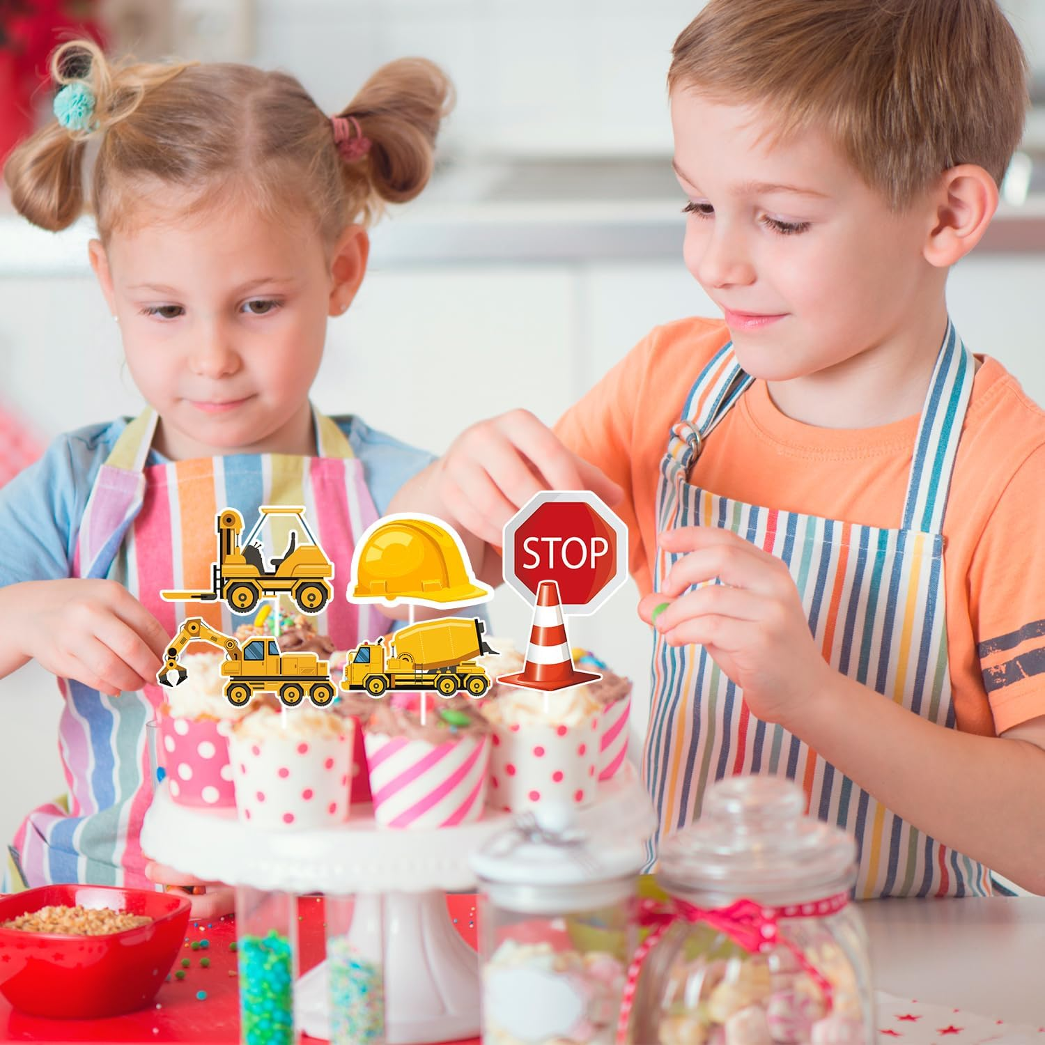 Construction Cake Topper, 13 Pcs Construction Cake Decorations Set Birthday Topper Excavator Cupcake Toppers for Birthday Supplies image number 4